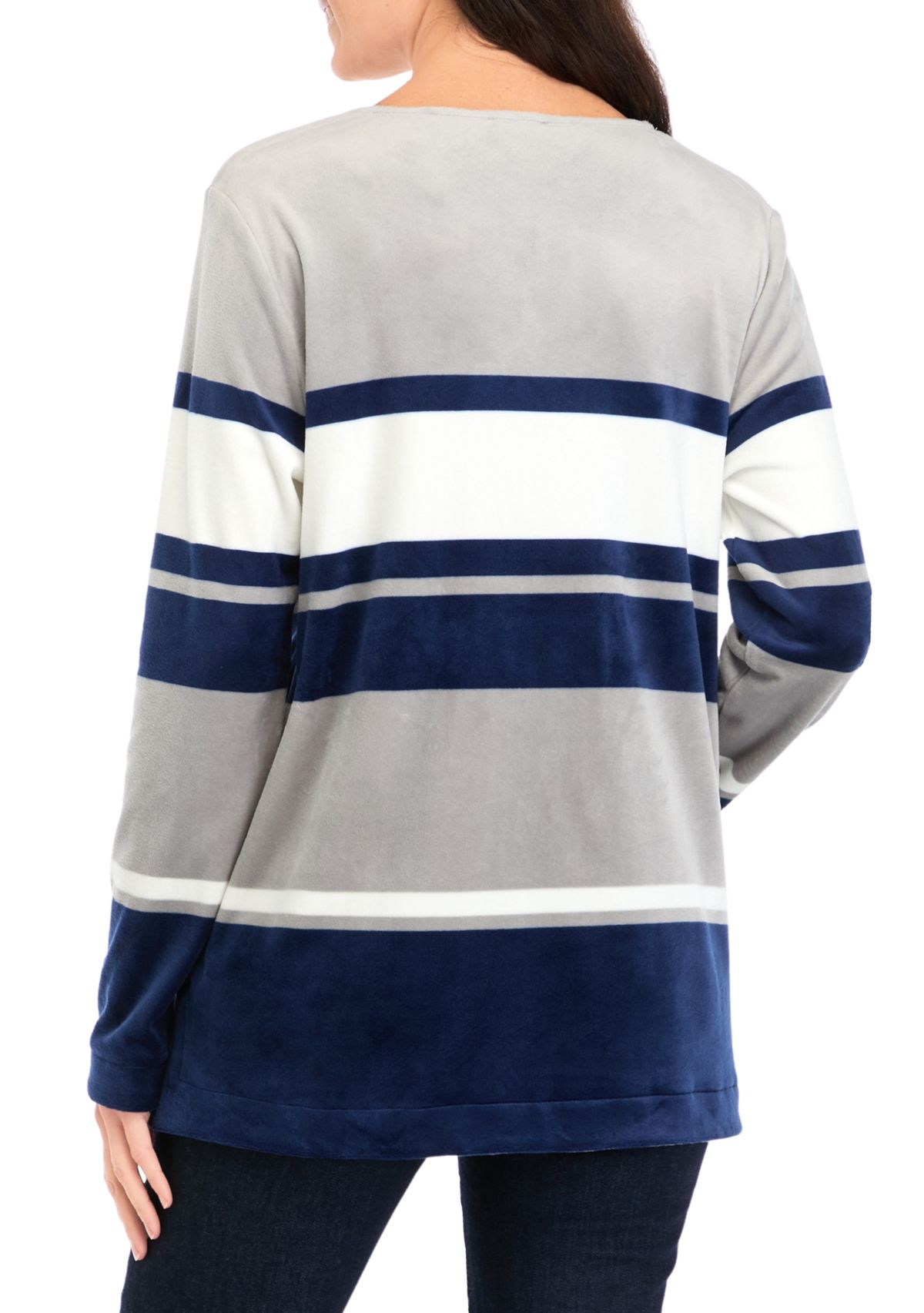 Womens Long Sleeve Velour Notch Striped Tunic Top 