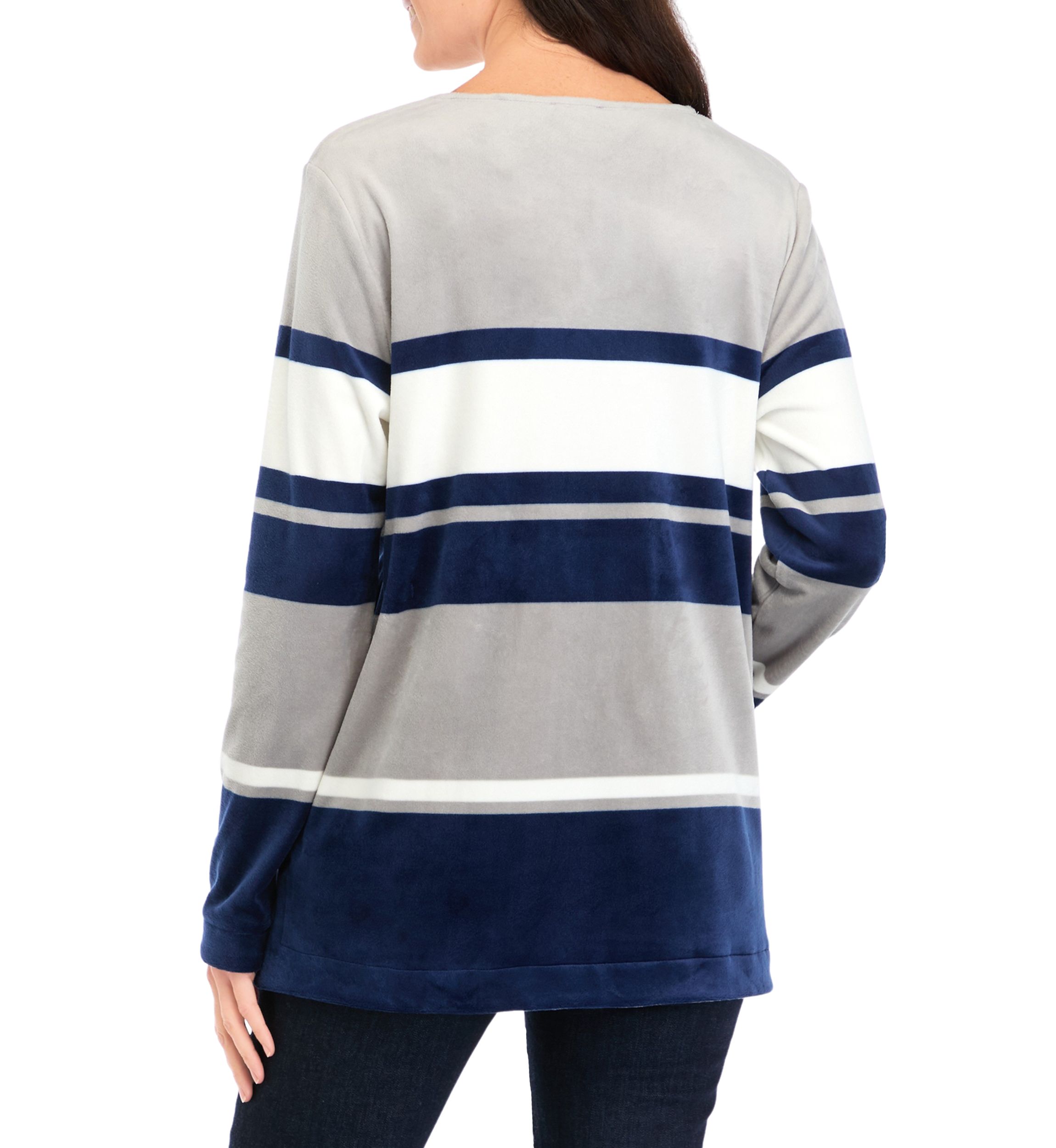 Womens Long Sleeve Velour Notch Striped Tunic Top 