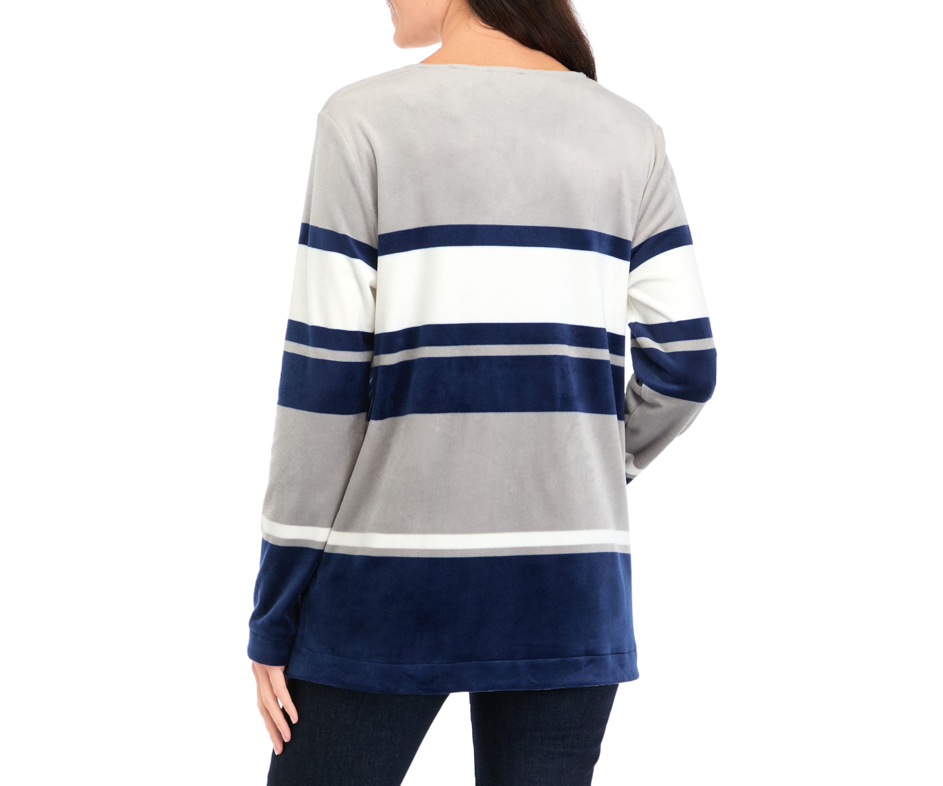Womens Long Sleeve Velour Notch Striped Tunic Top 