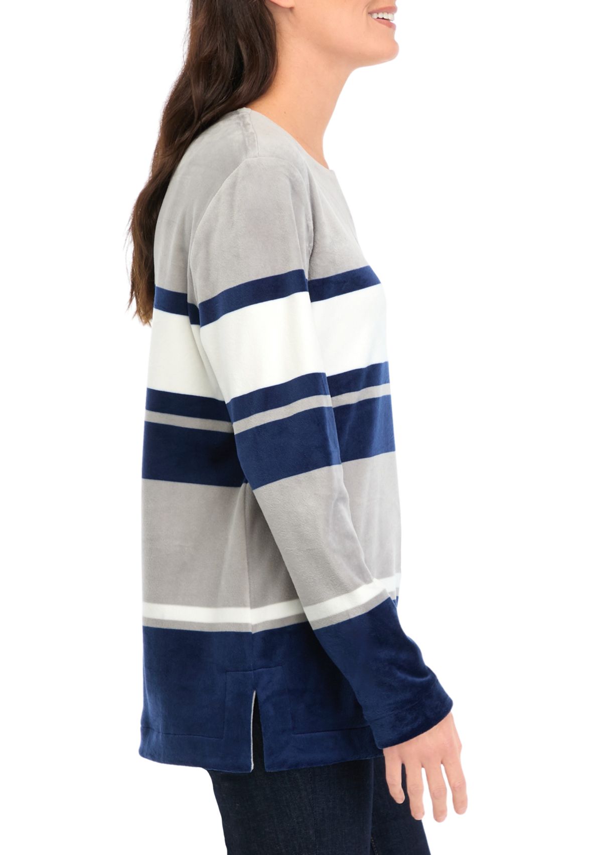 Womens Long Sleeve Velour Notch Striped Tunic Top 