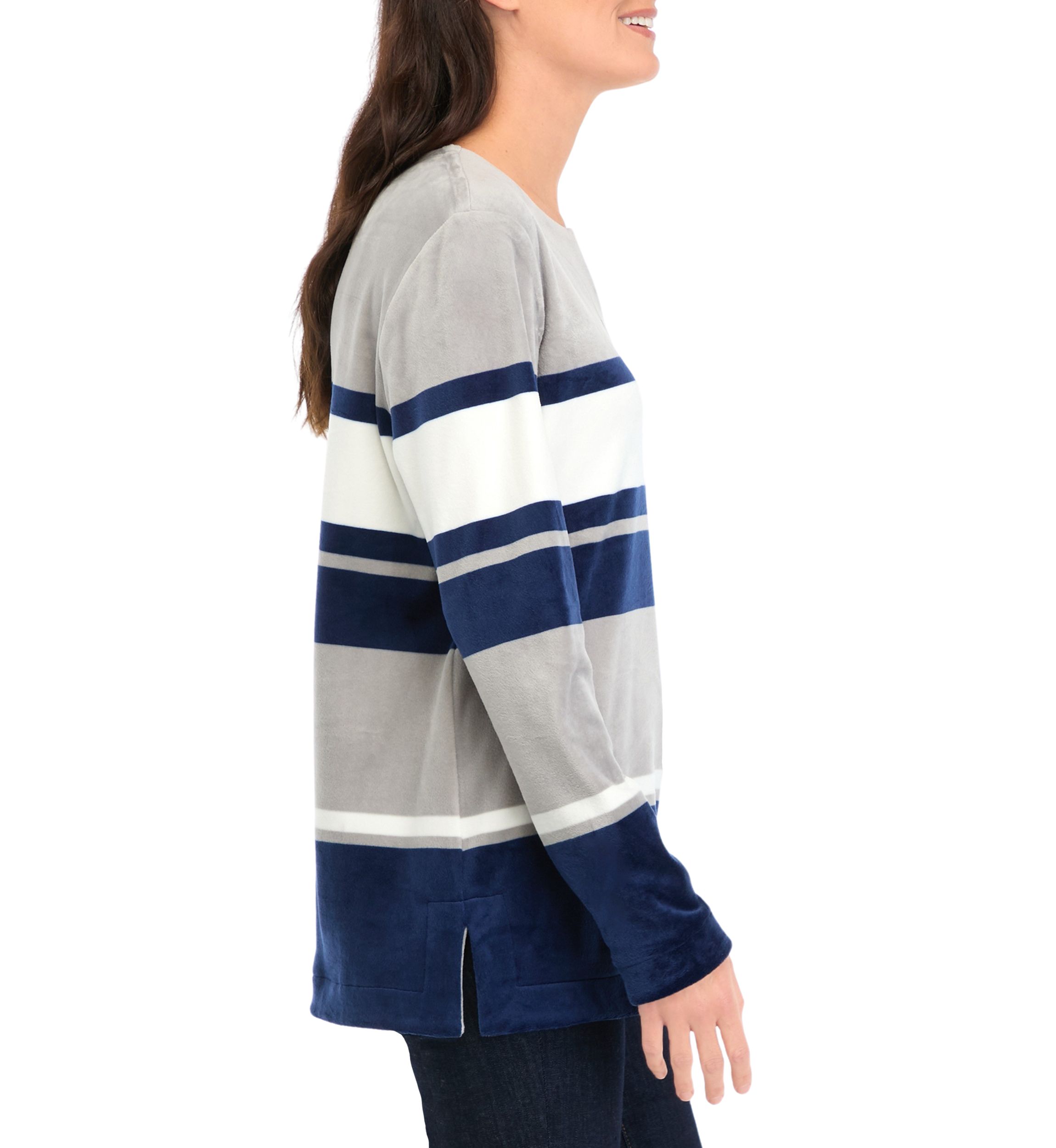 Womens Long Sleeve Velour Notch Striped Tunic Top 