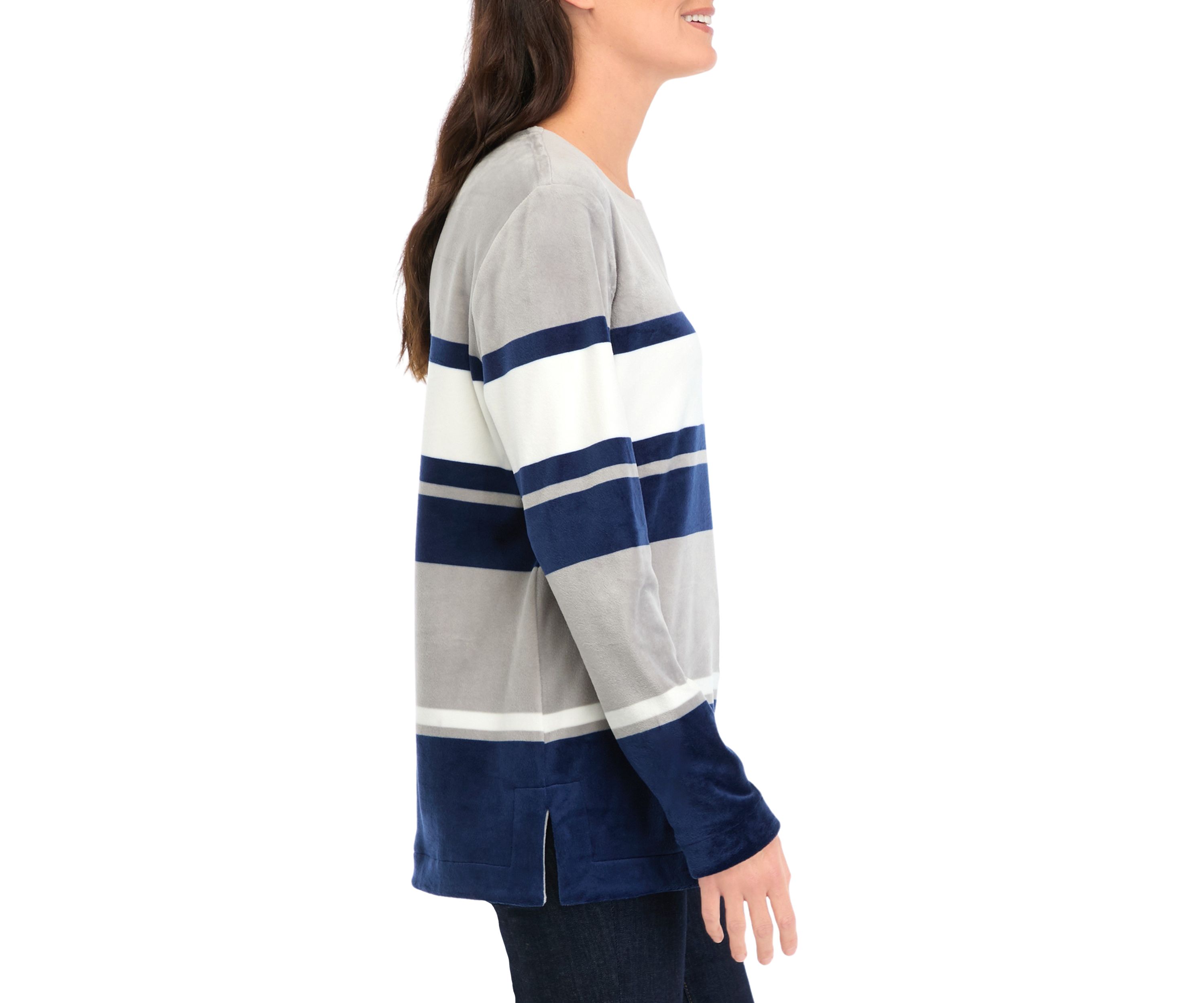 Womens Long Sleeve Velour Notch Striped Tunic Top 