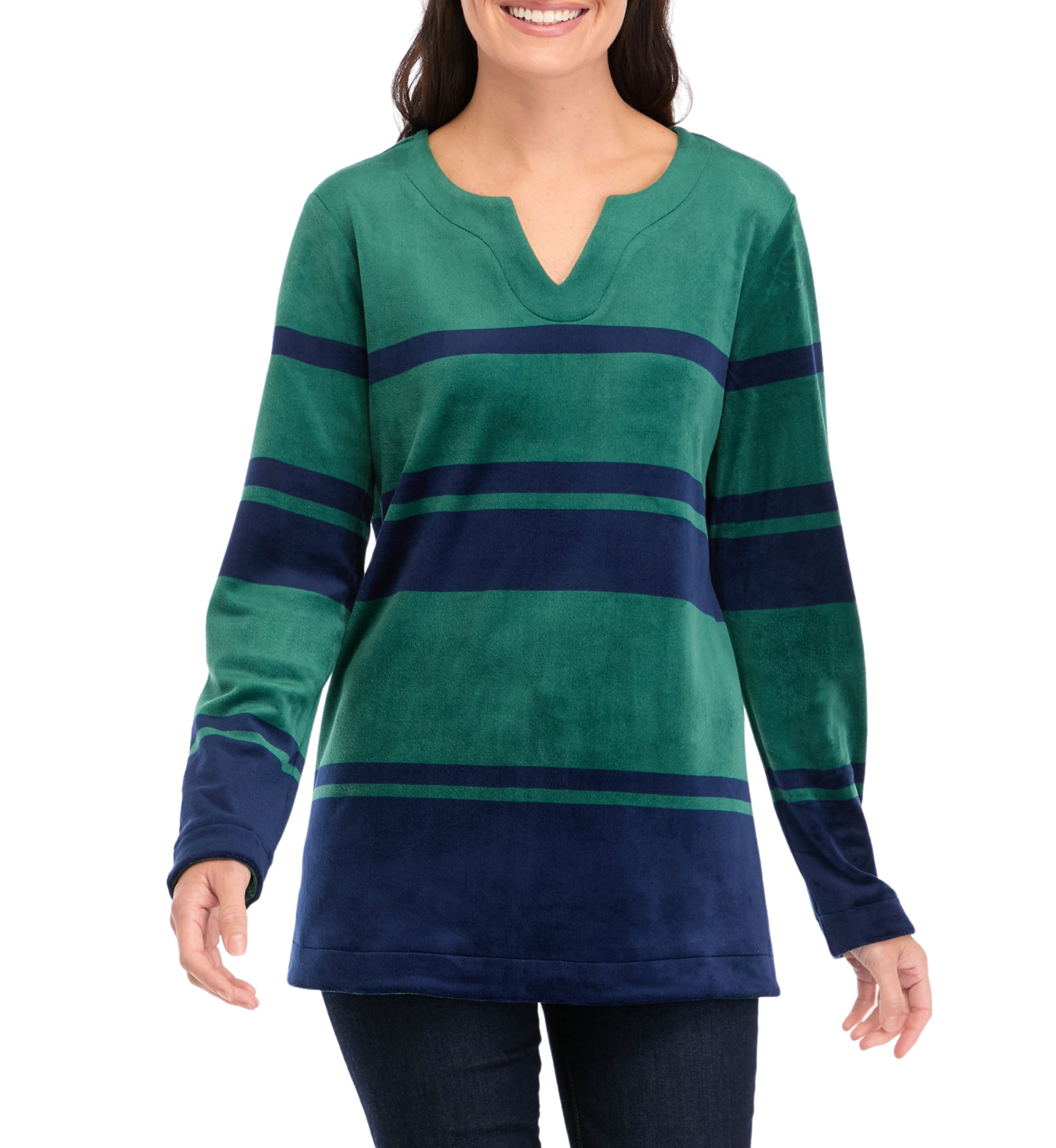 Petite Long Sleeve Velour Split Neck Tunic Top