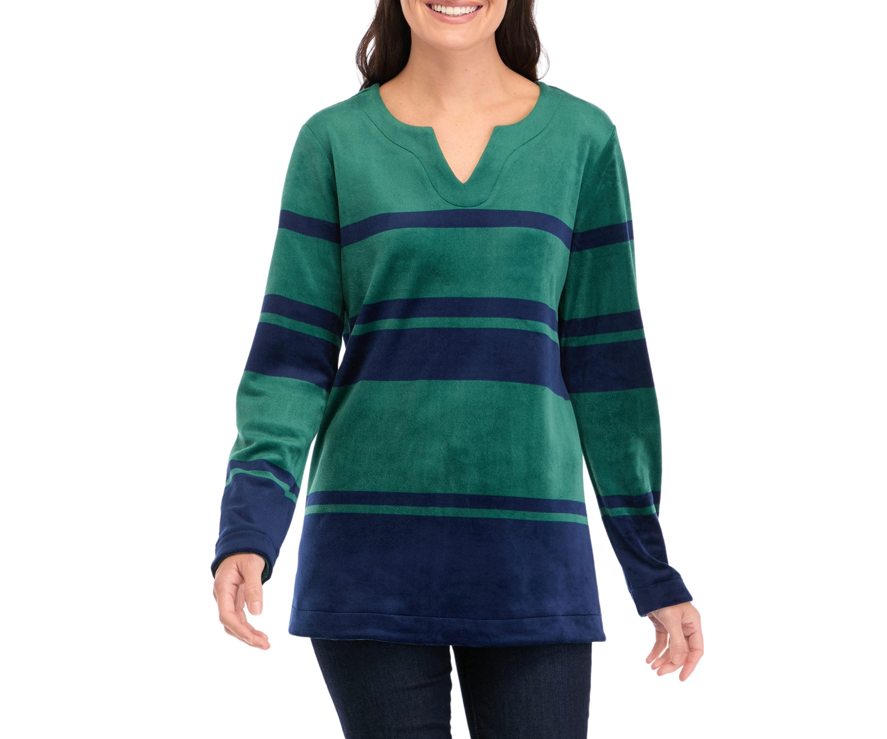 Petite Long Sleeve Velour Split Neck Tunic Top