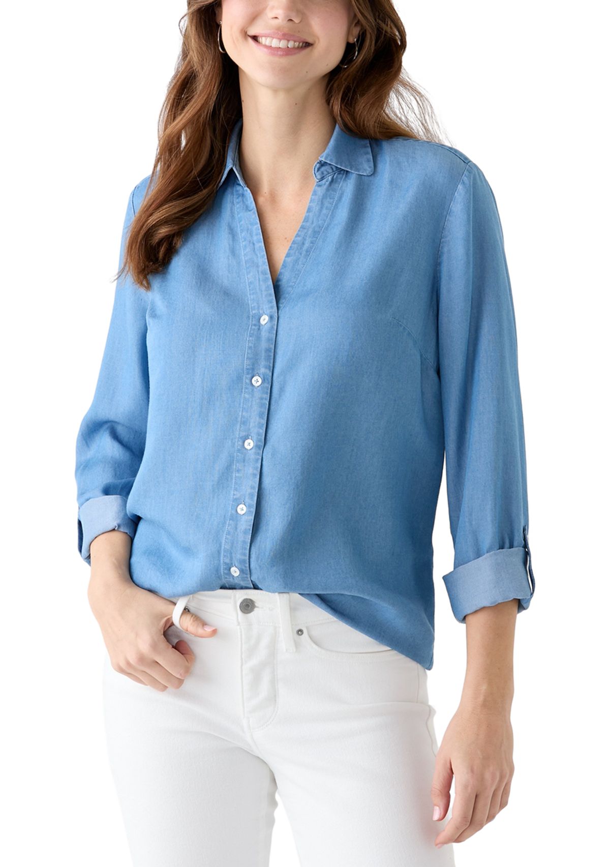 Womens Collared Roll Tab Sleeve Chambray Shirt
