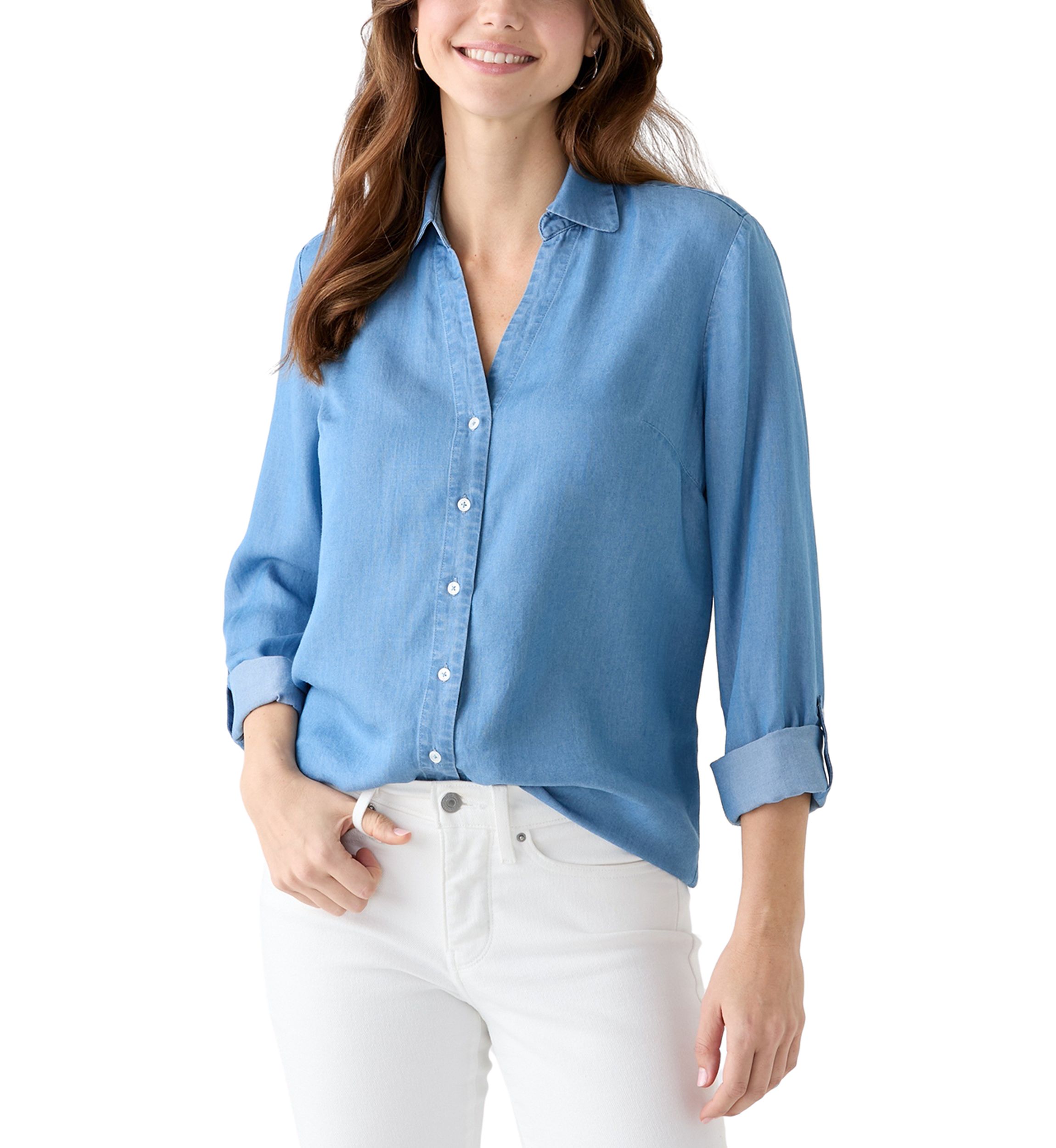 Womens Collared Roll Tab Sleeve Chambray Shirt