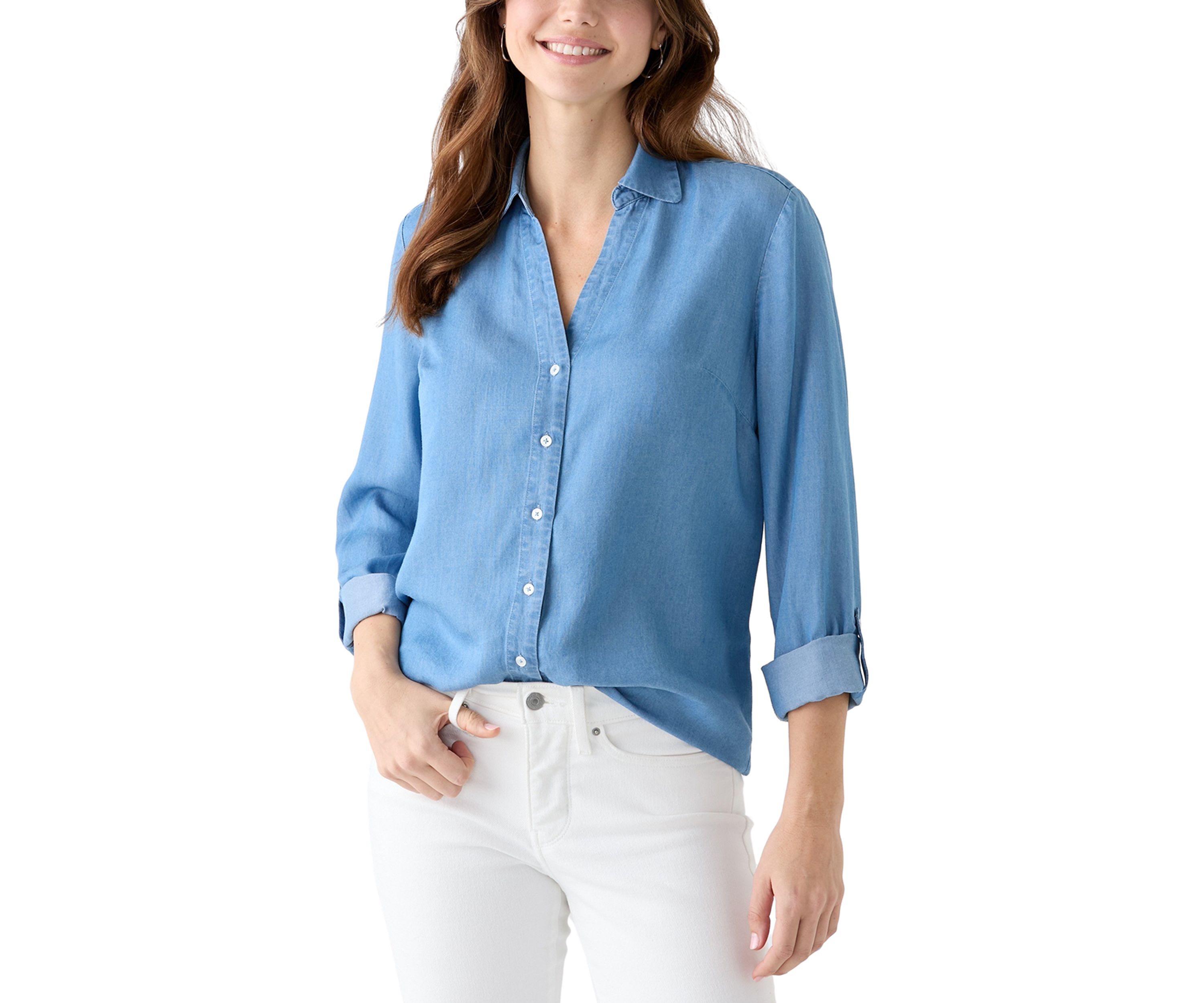 Womens Collared Roll Tab Sleeve Chambray Shirt
