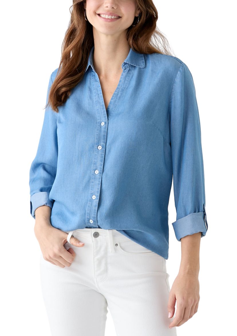 Womens Collared Roll Tab Sleeve Chambray Shirt