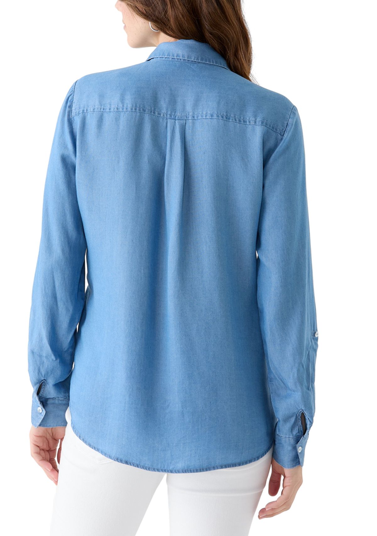 Womens Collared Roll Tab Sleeve Chambray Shirt