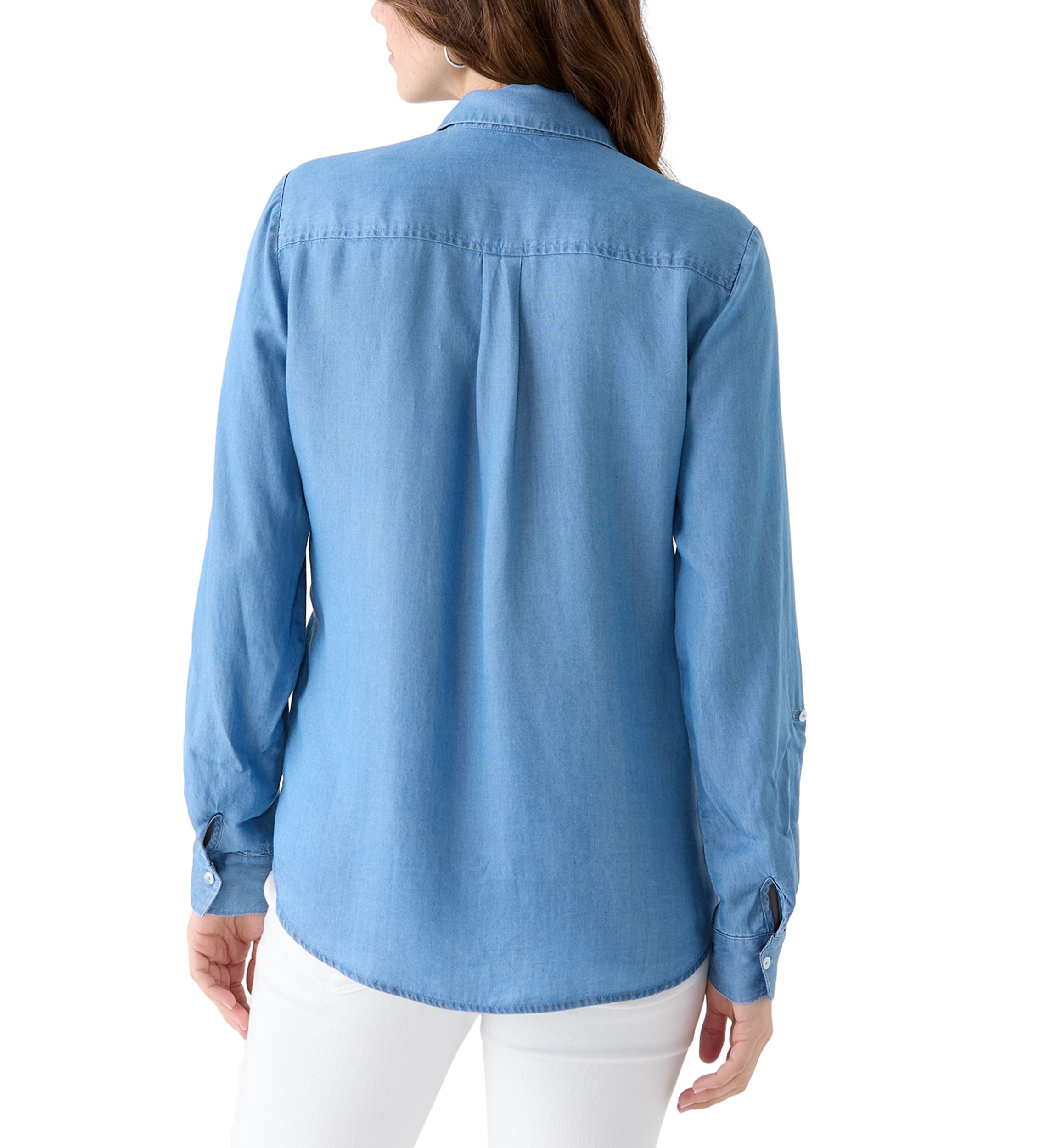 Womens Collared Roll Tab Sleeve Chambray Shirt
