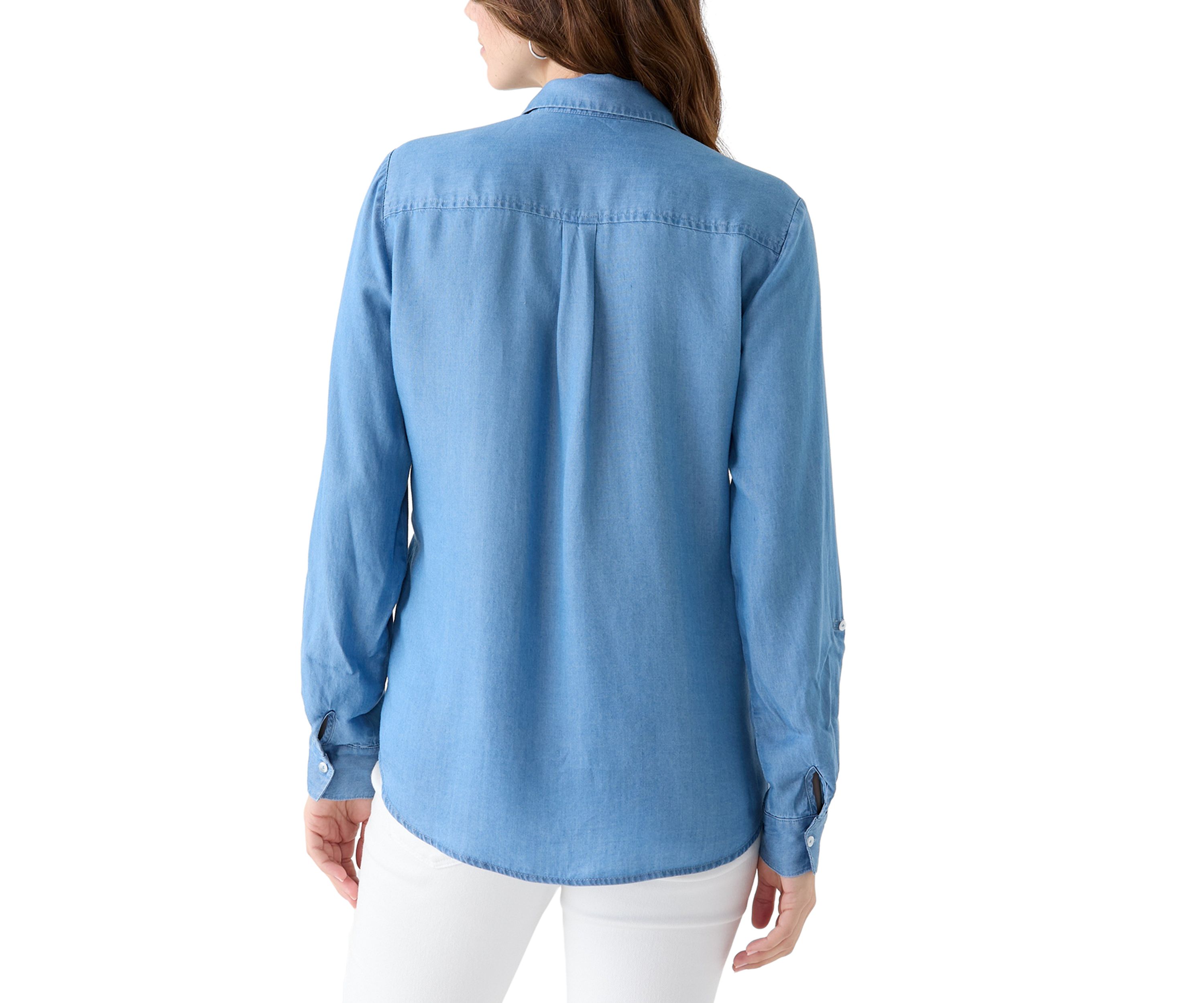 Womens Collared Roll Tab Sleeve Chambray Shirt