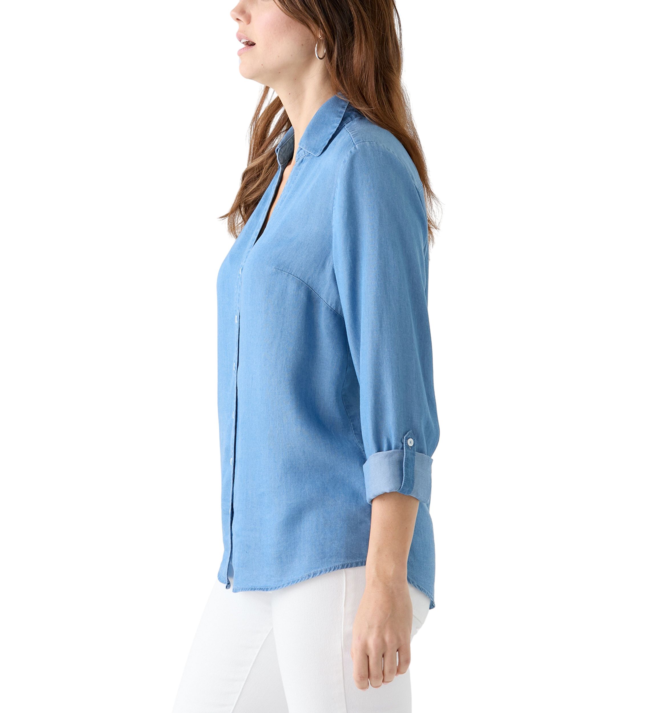 Womens Collared Roll Tab Sleeve Chambray Shirt