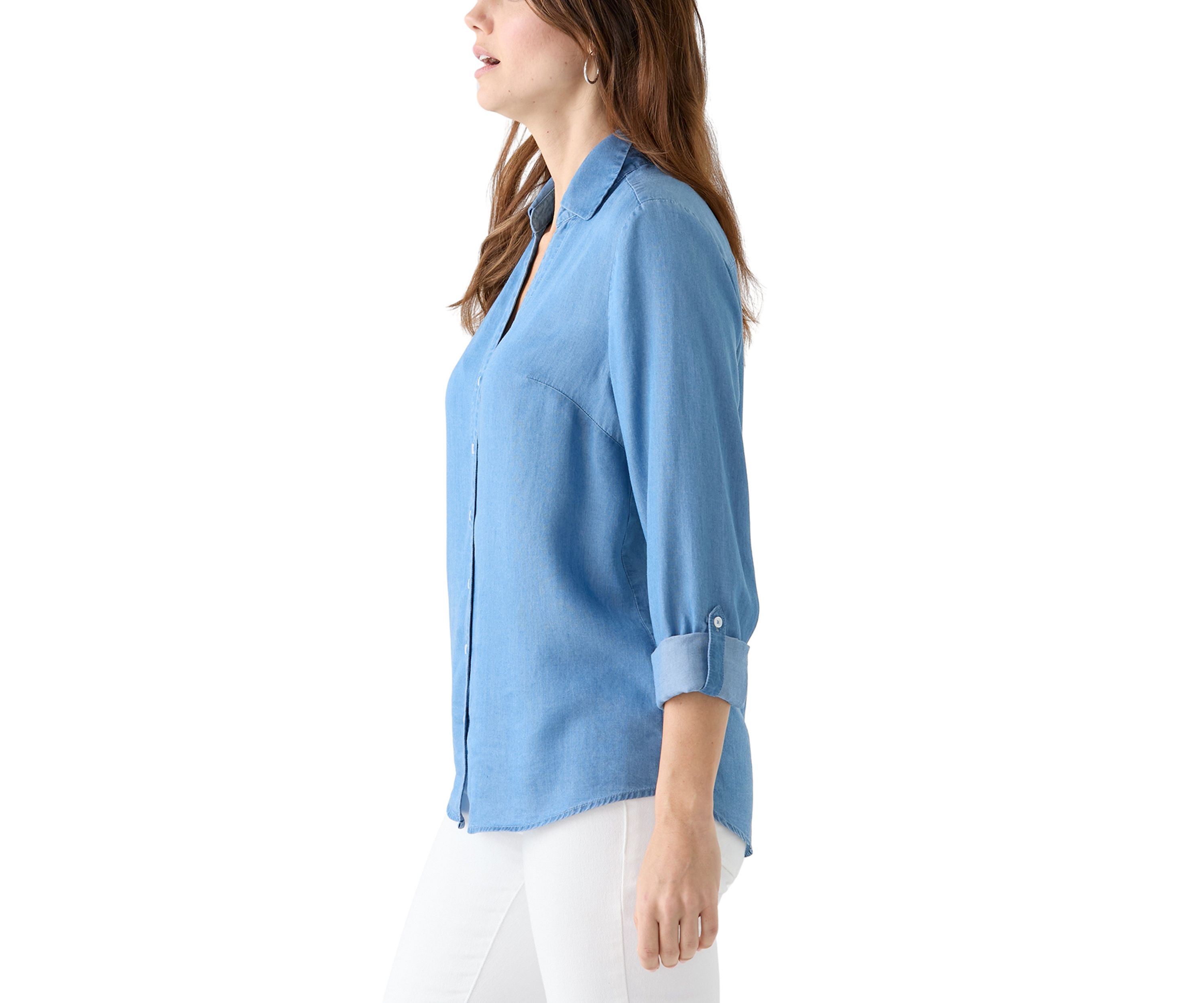 Womens Collared Roll Tab Sleeve Chambray Shirt