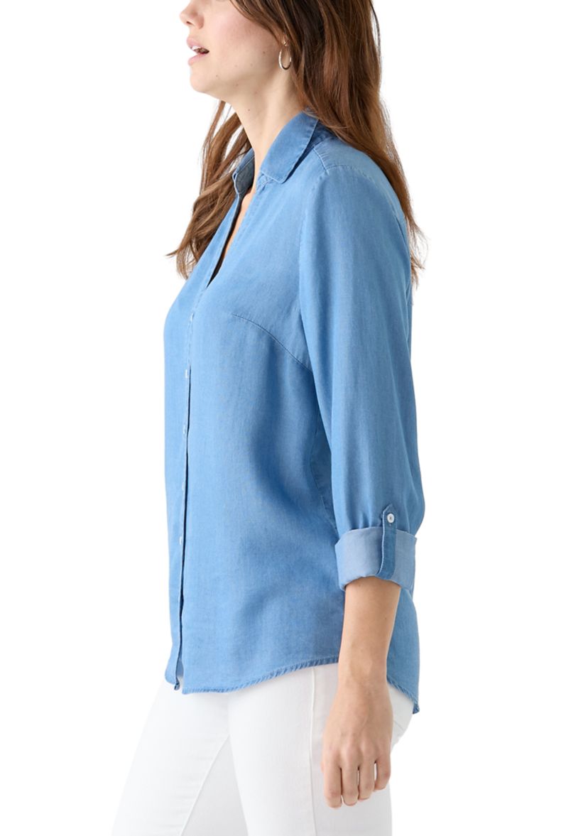 Womens Collared Roll Tab Sleeve Chambray Shirt