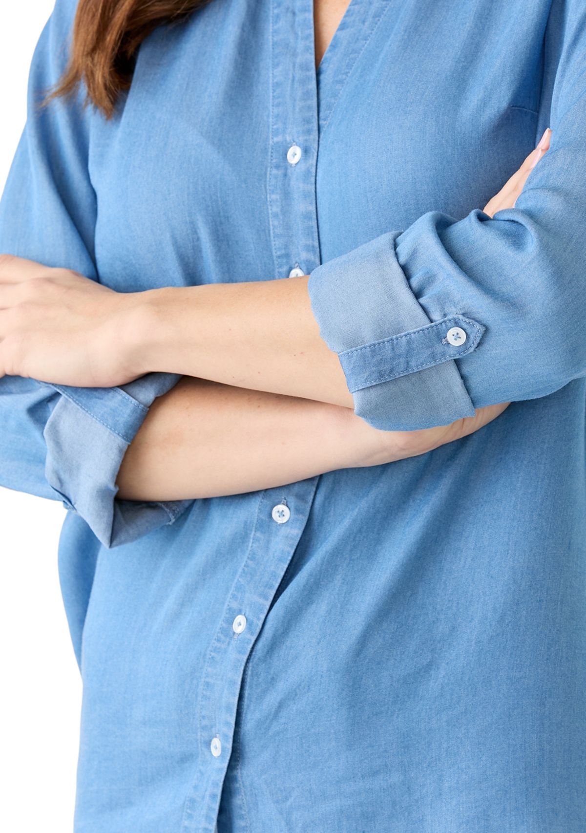 Womens Collared Roll Tab Sleeve Chambray Shirt