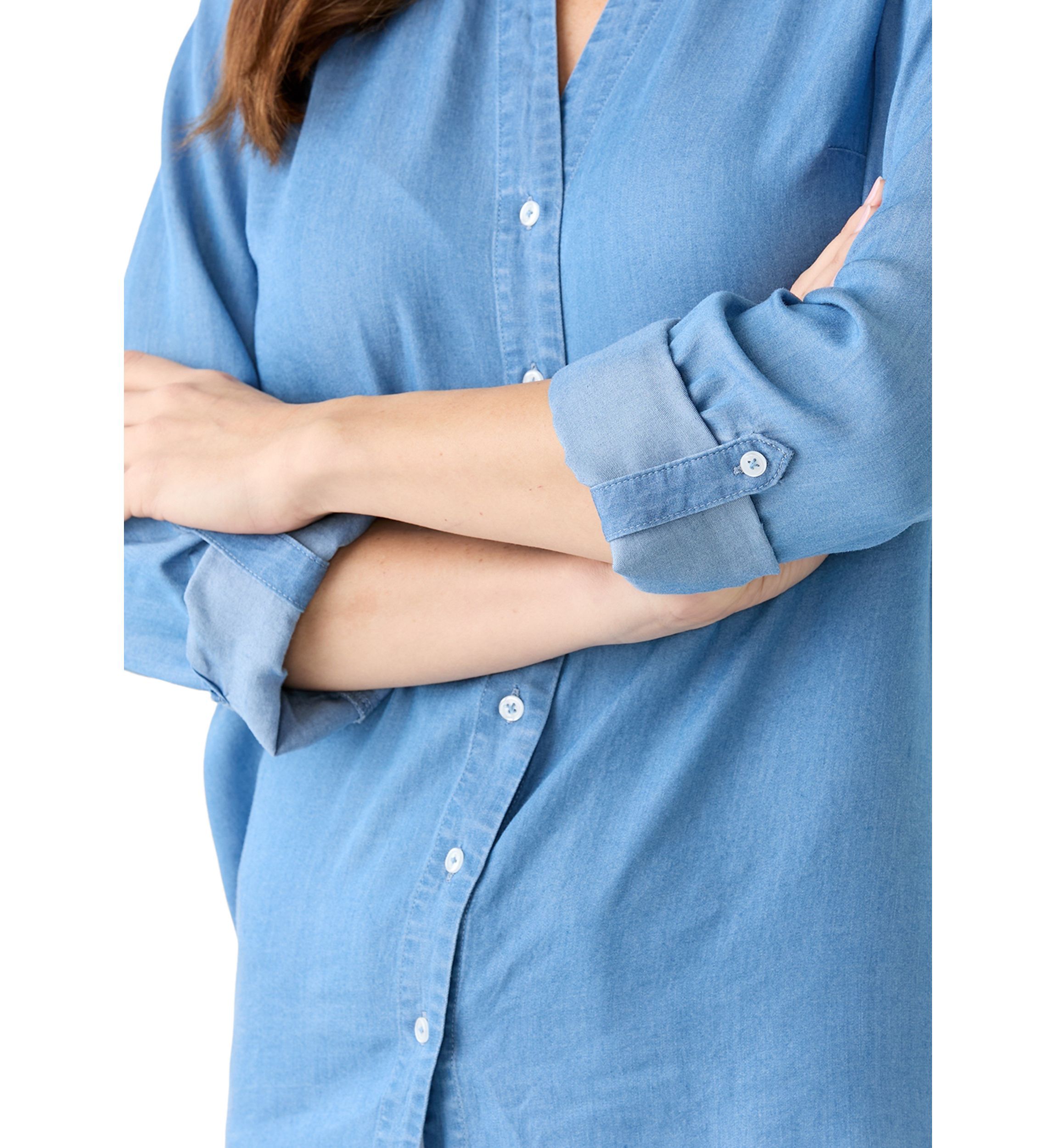 Womens Collared Roll Tab Sleeve Chambray Shirt