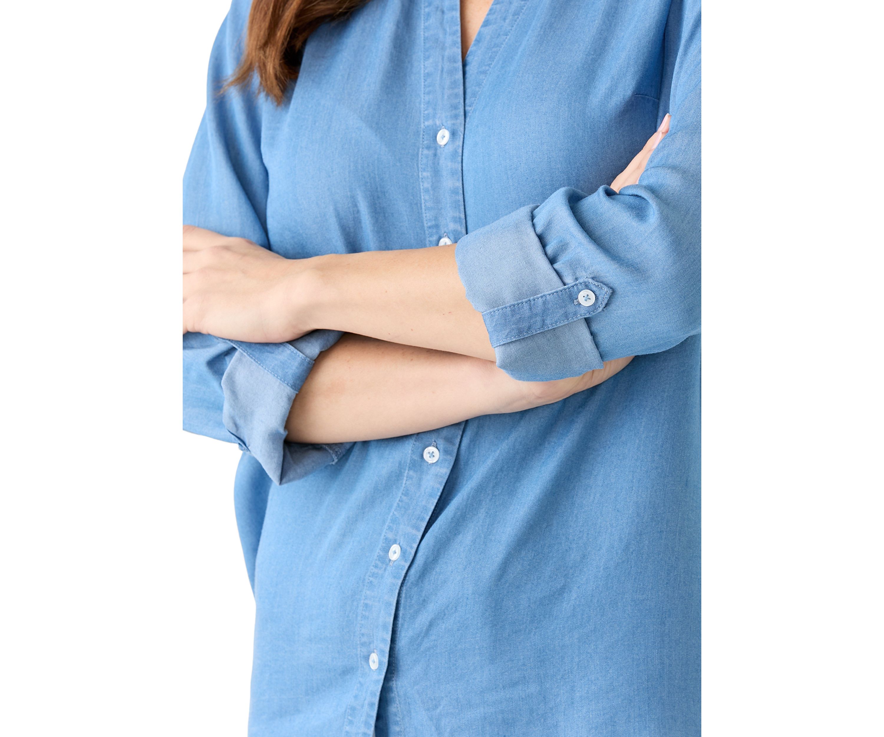 Womens Collared Roll Tab Sleeve Chambray Shirt
