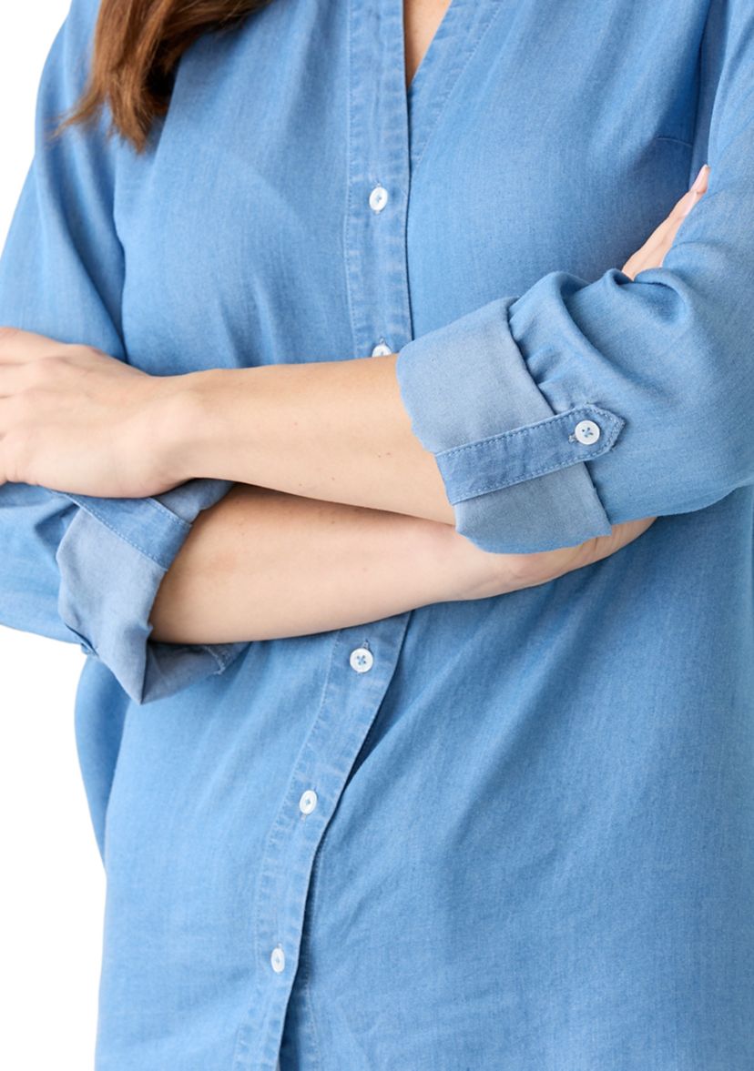 Womens Collared Roll Tab Sleeve Chambray Shirt