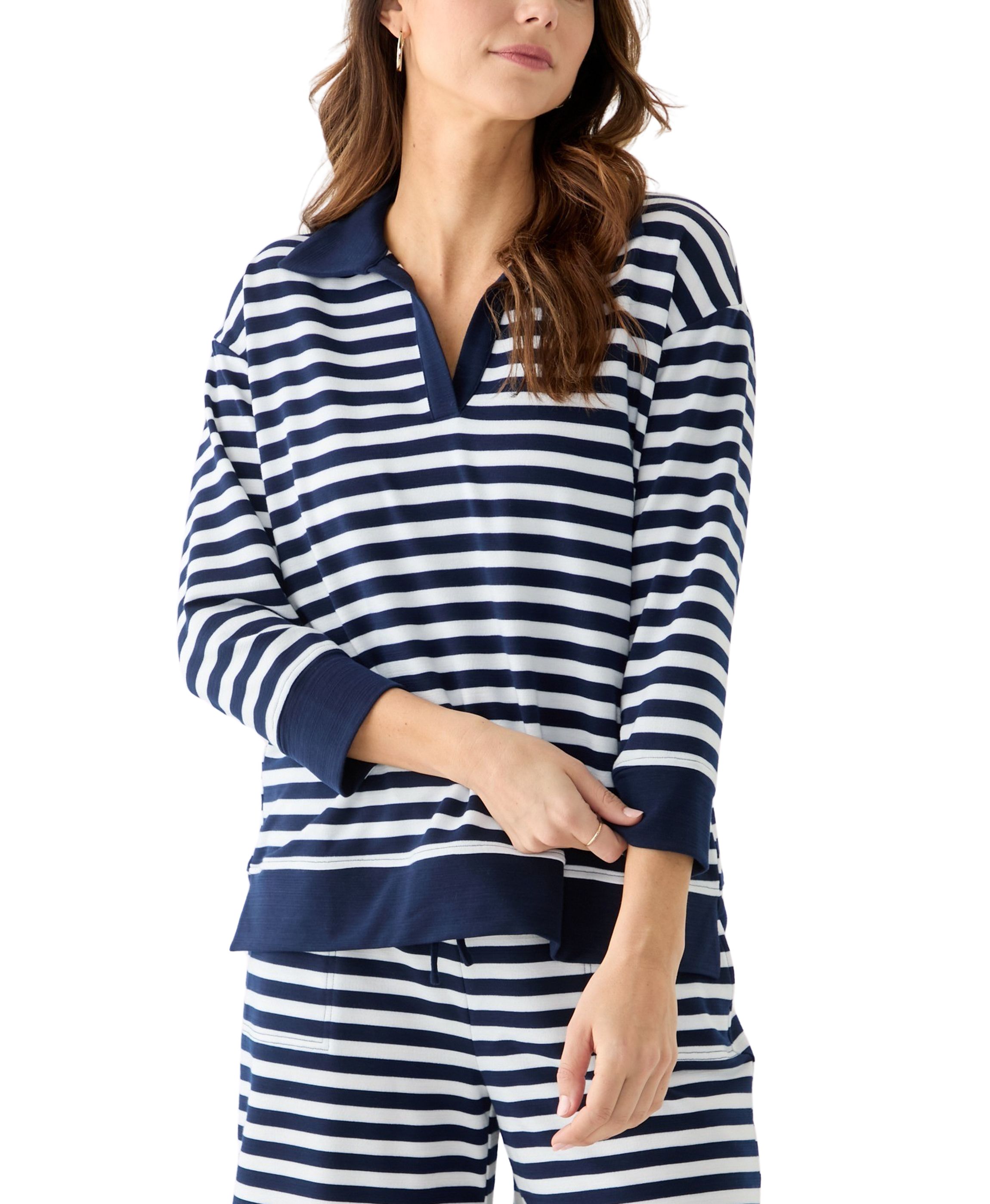 Womens 3/4 Sleeve Slub Terry Johnny Collar Stripe Top