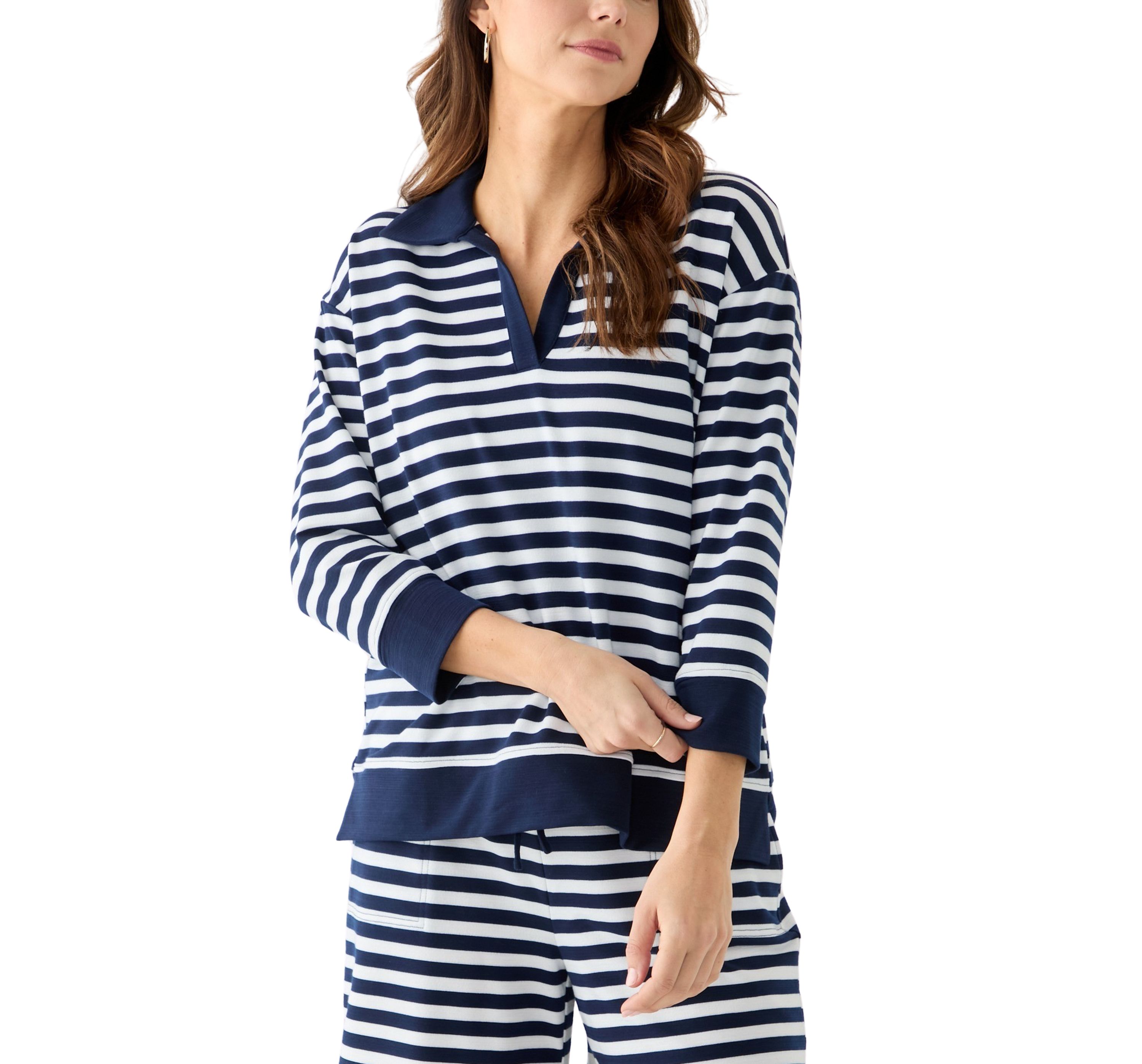 Womens 3/4 Sleeve Slub Terry Johnny Collar Stripe Top