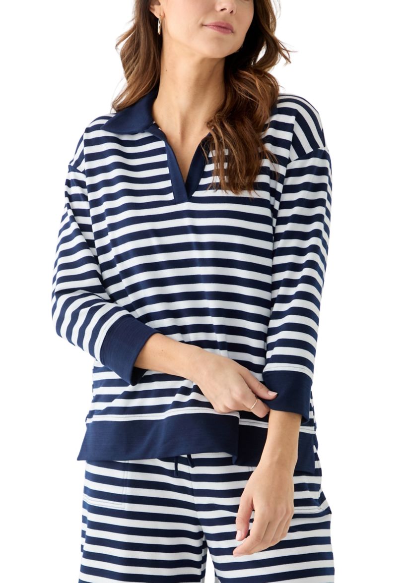 Womens 3/4 Sleeve Slub Terry Johnny Collar Stripe Top