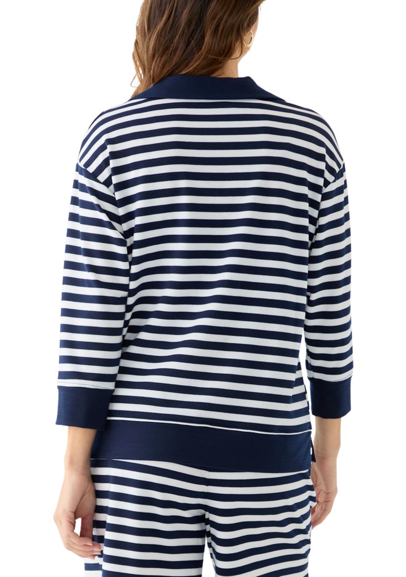 Womens 3/4 Sleeve Slub Terry Johnny Collar Stripe Top