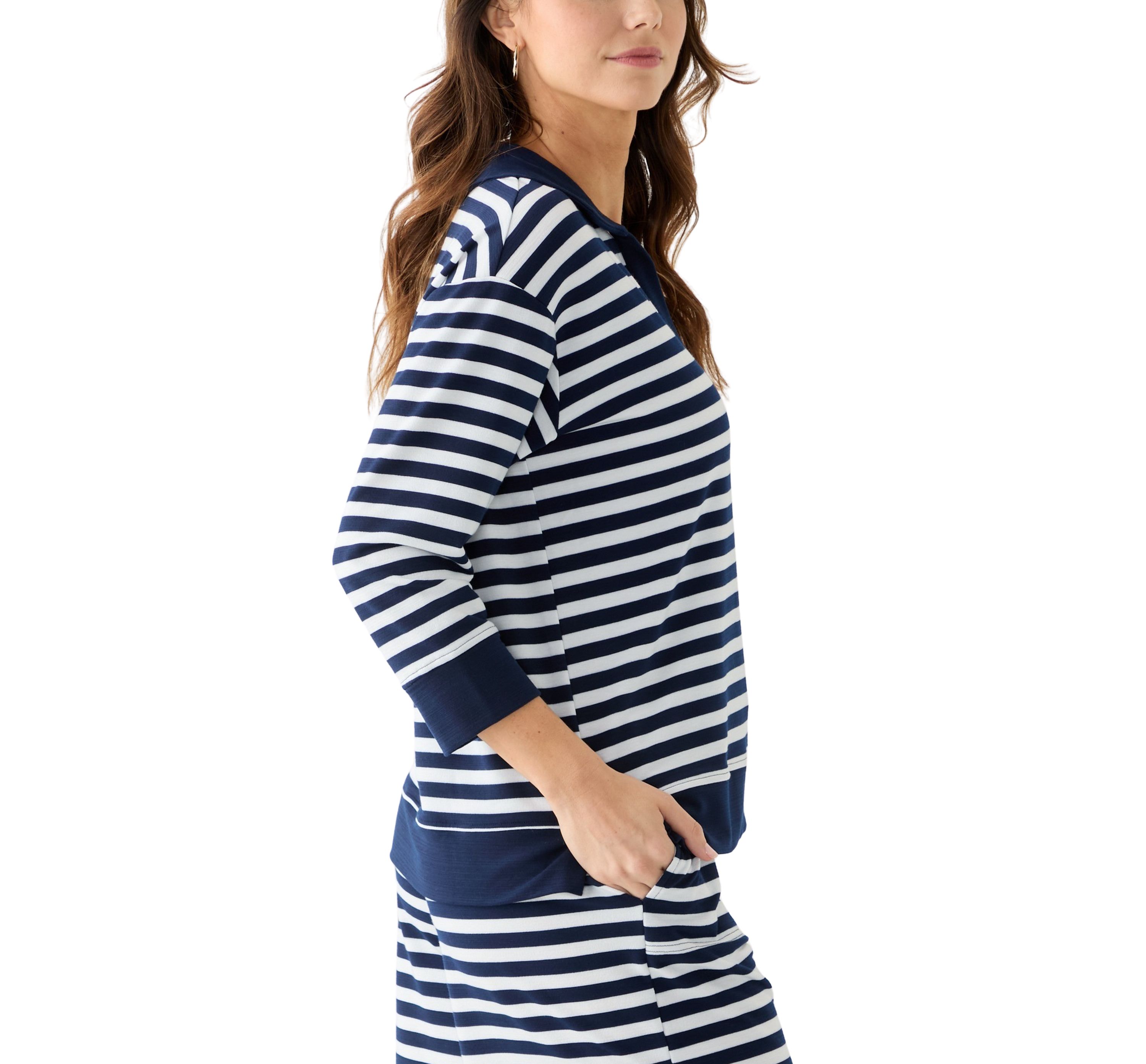 Womens 3/4 Sleeve Slub Terry Johnny Collar Stripe Top