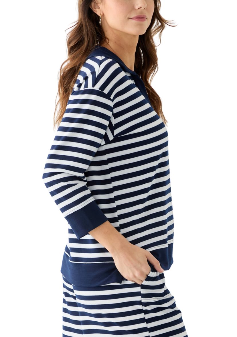 Womens 3/4 Sleeve Slub Terry Johnny Collar Stripe Top