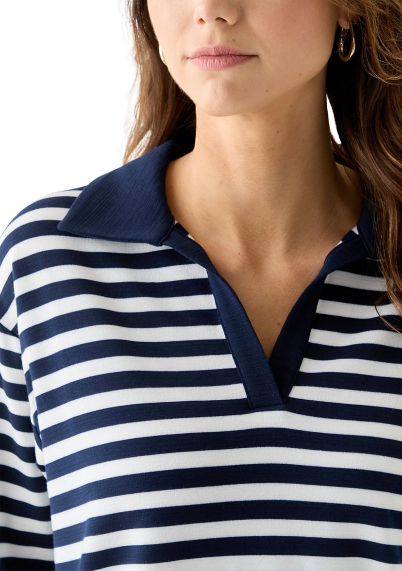 Womens 3/4 Sleeve Slub Terry Johnny Collar Stripe Top