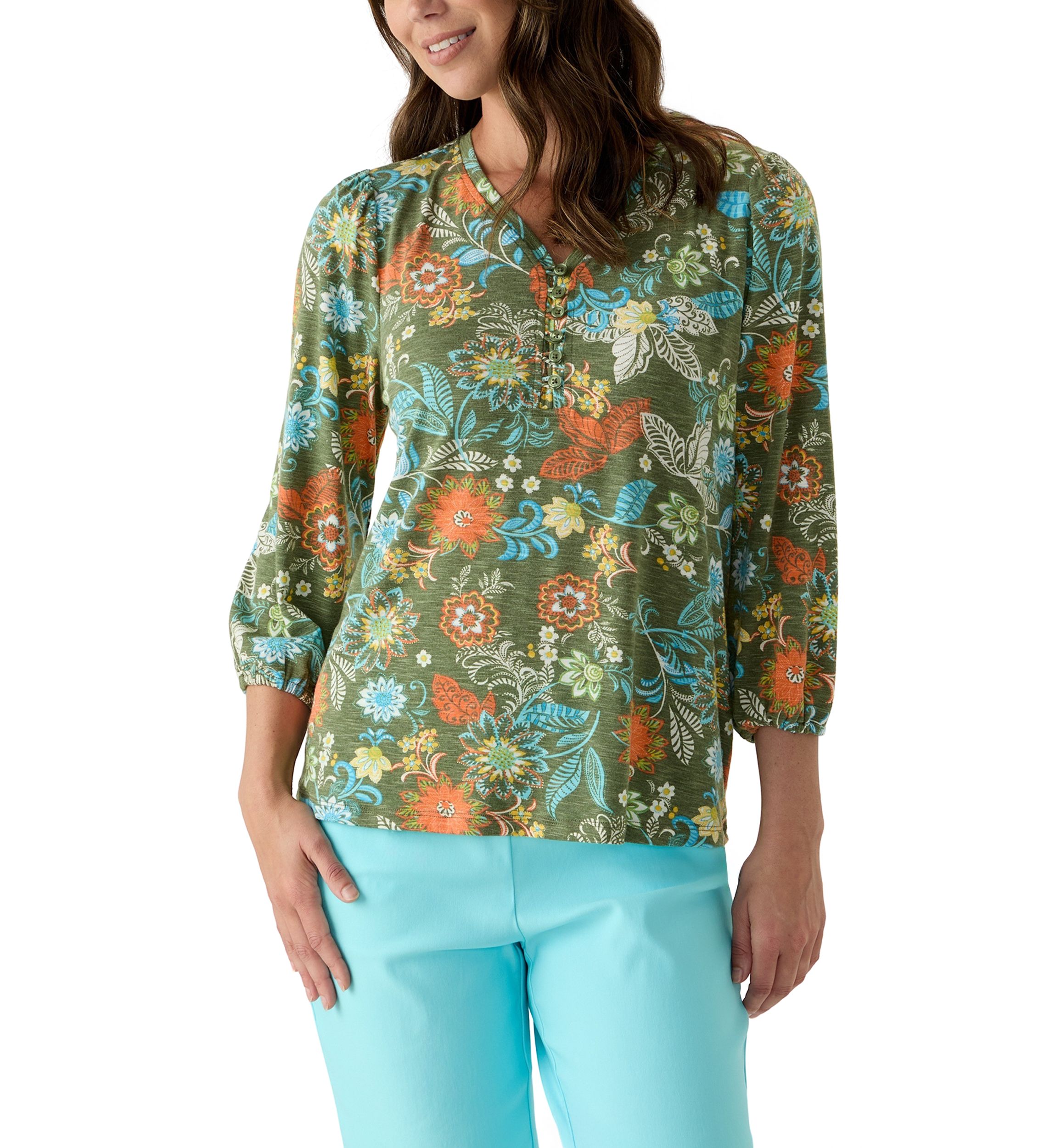Womens Knit Printed Henley Top