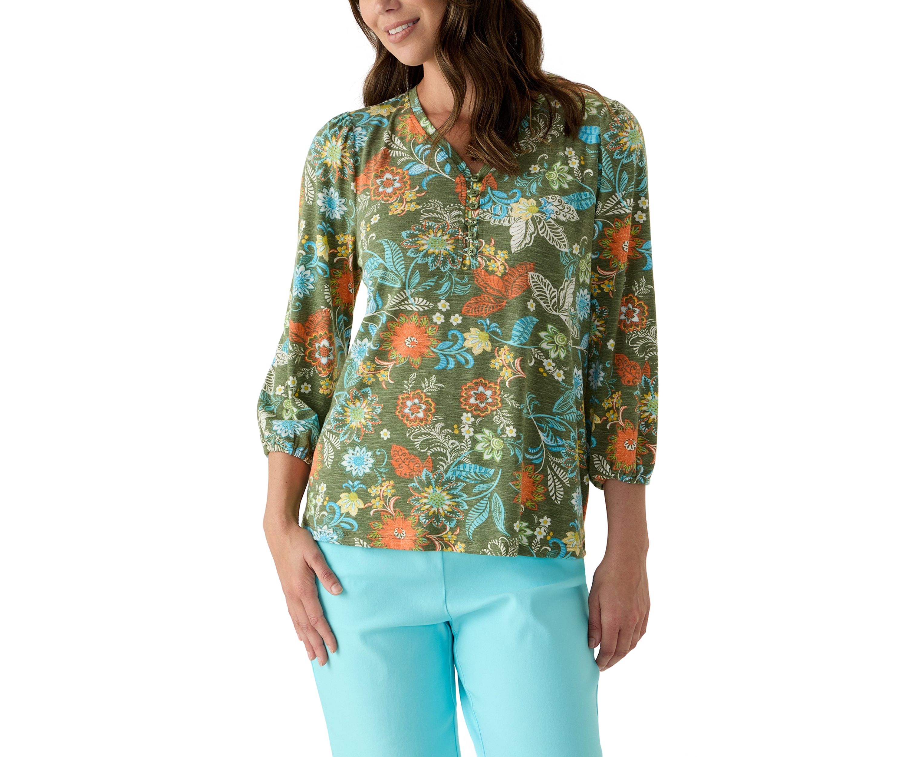Womens Knit Printed Henley Top