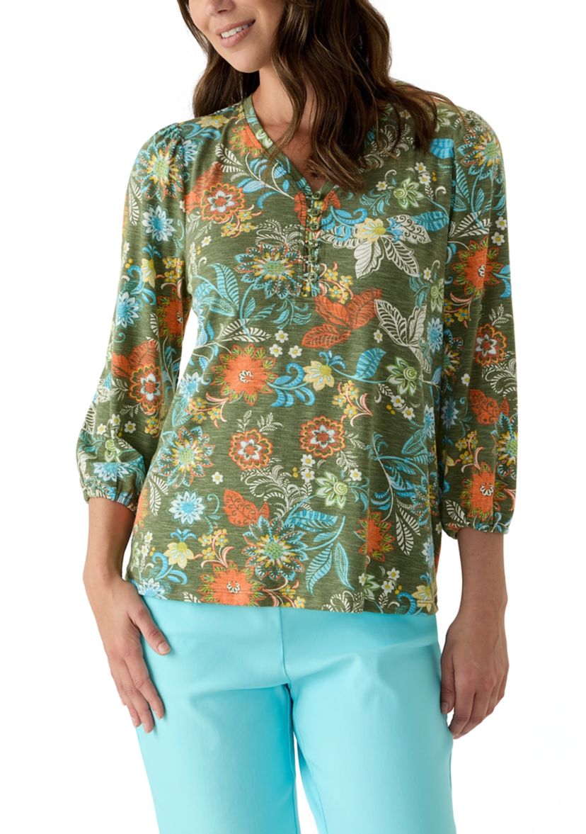Womens Knit Printed Henley Top