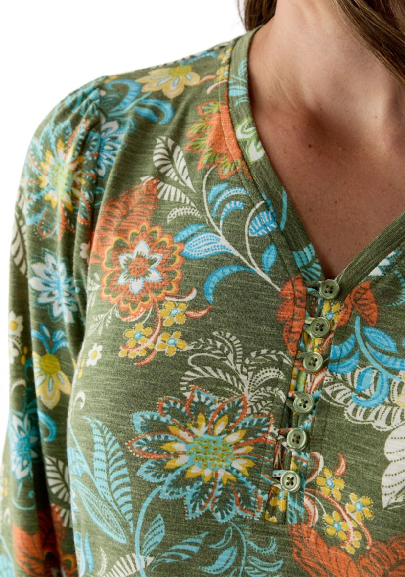 Womens Knit Printed Henley Top