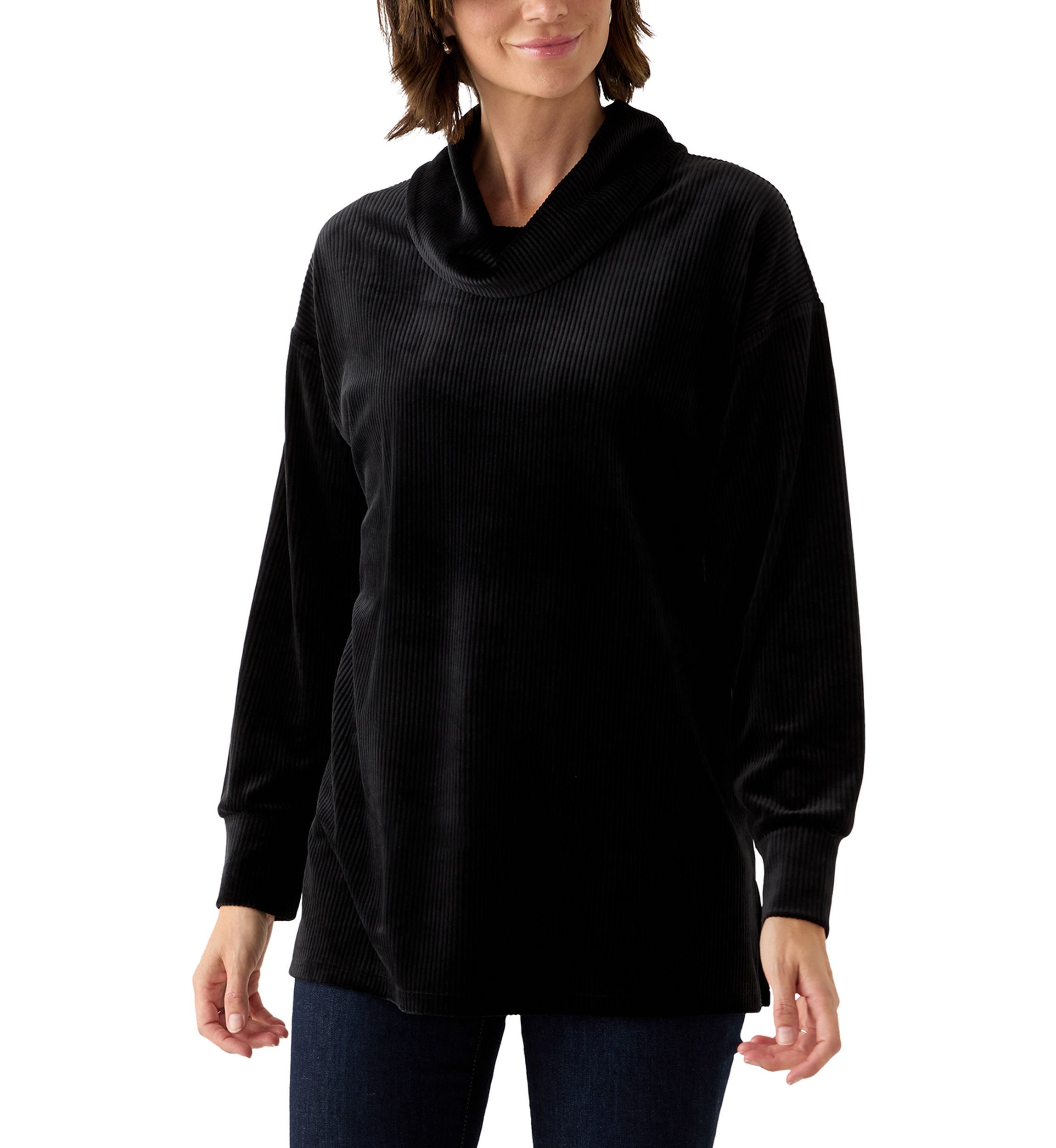 Womens Ribbed Velour Cowl Neck Top