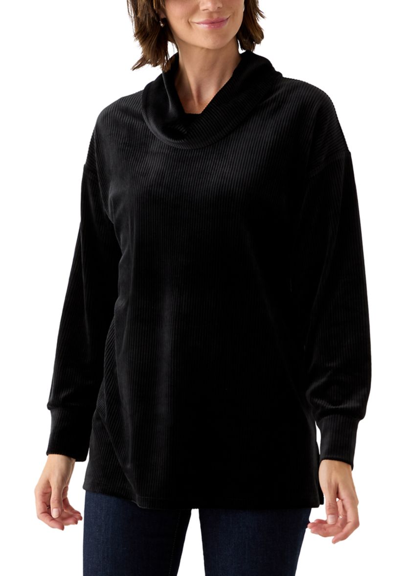 Womens Ribbed Velour Cowl Neck Top