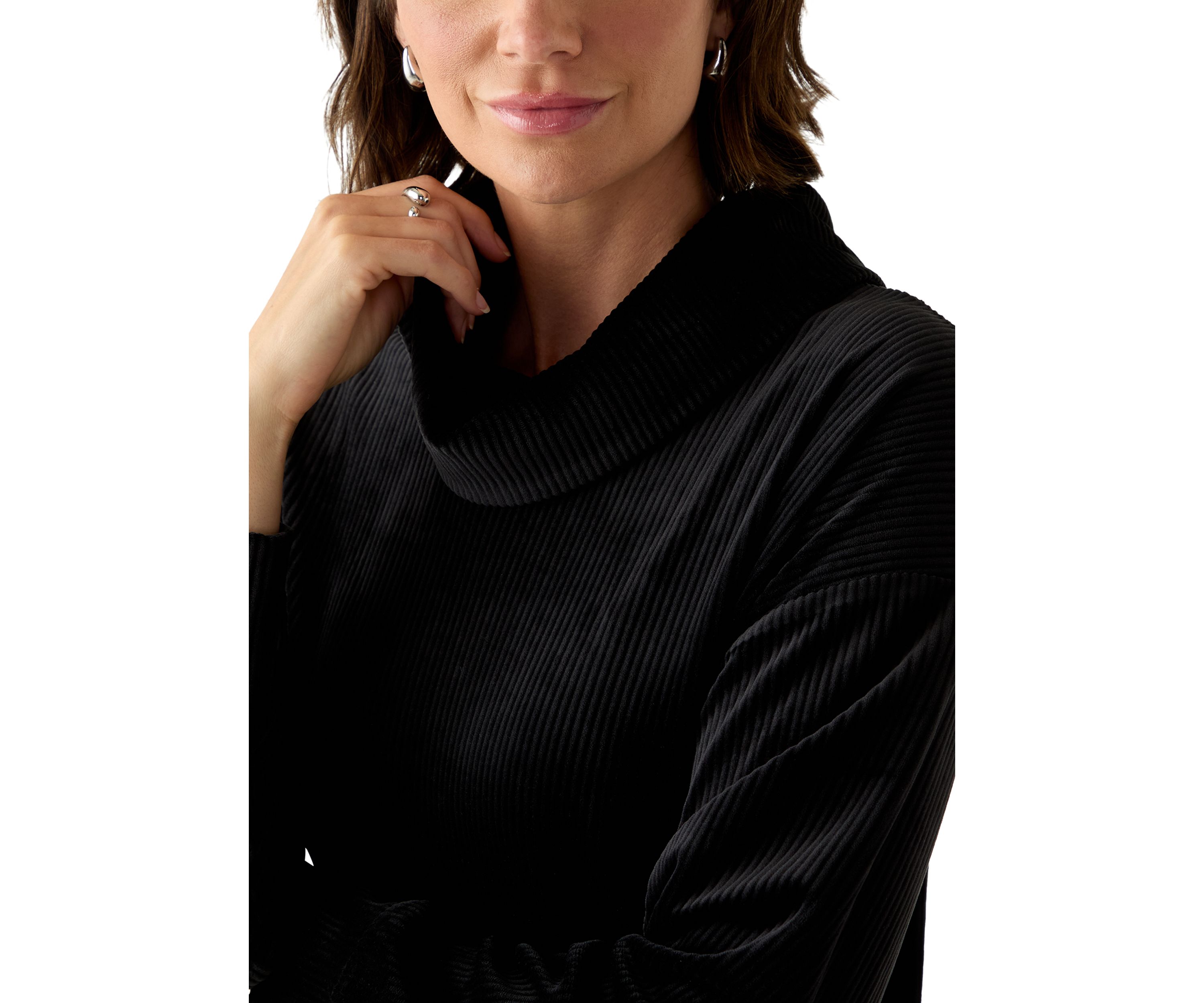 Womens Ribbed Velour Cowl Neck Top