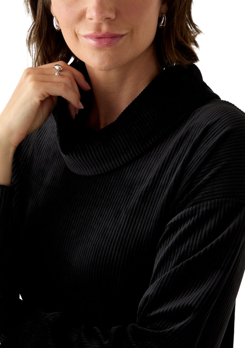 Womens Ribbed Velour Cowl Neck Top