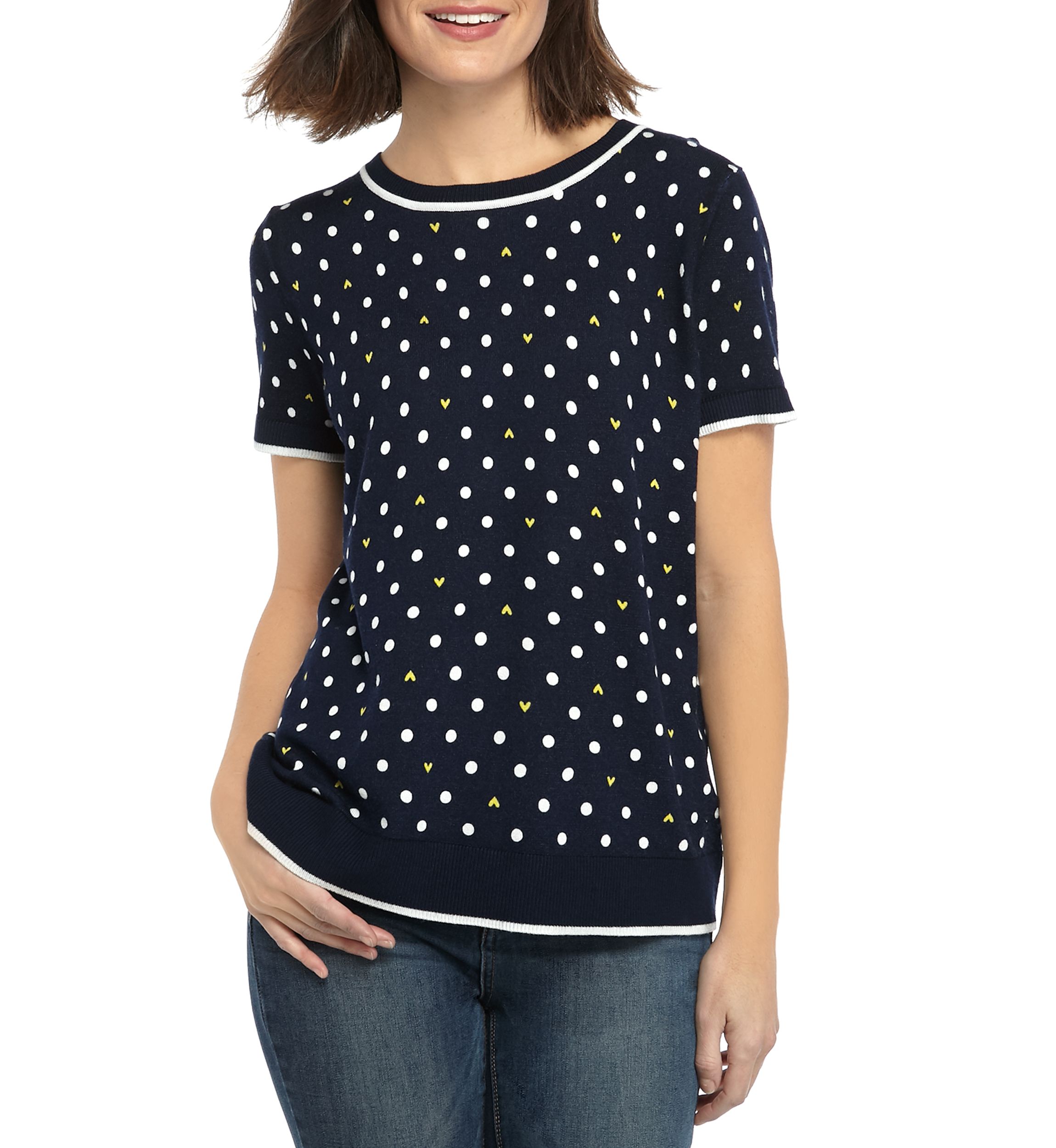 Petite Short Sleeve Dot Heart Intarsia Top 