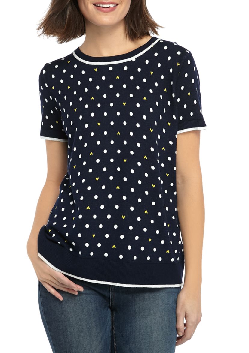 Petite Short Sleeve Dot Heart Intarsia Top 