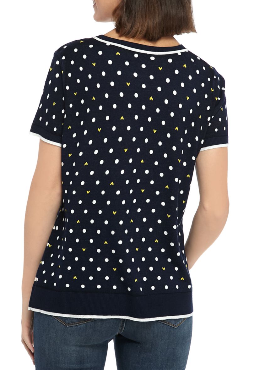 Petite Short Sleeve Dot Heart Intarsia Top 