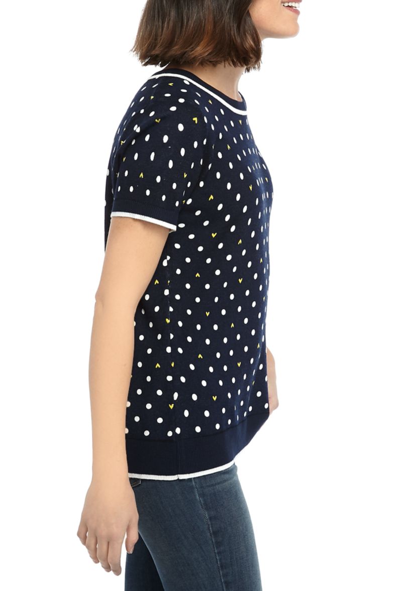 Petite Short Sleeve Dot Heart Intarsia Top 