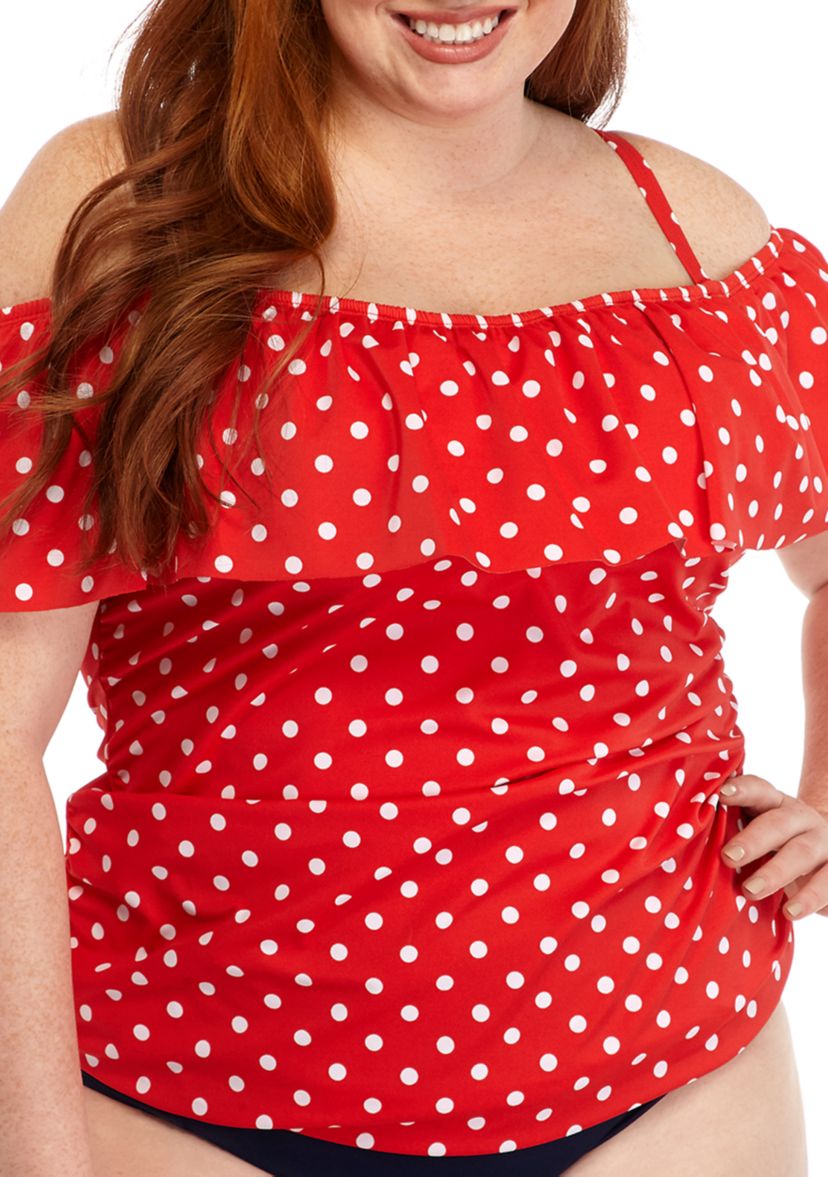 Plus Size Dot Cold Shoulder Tankini Swim Top