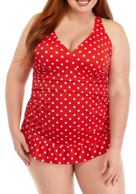 Crown And Ivy™ Plus Size Polka Dot Back Ruffle Swim Dress Belk