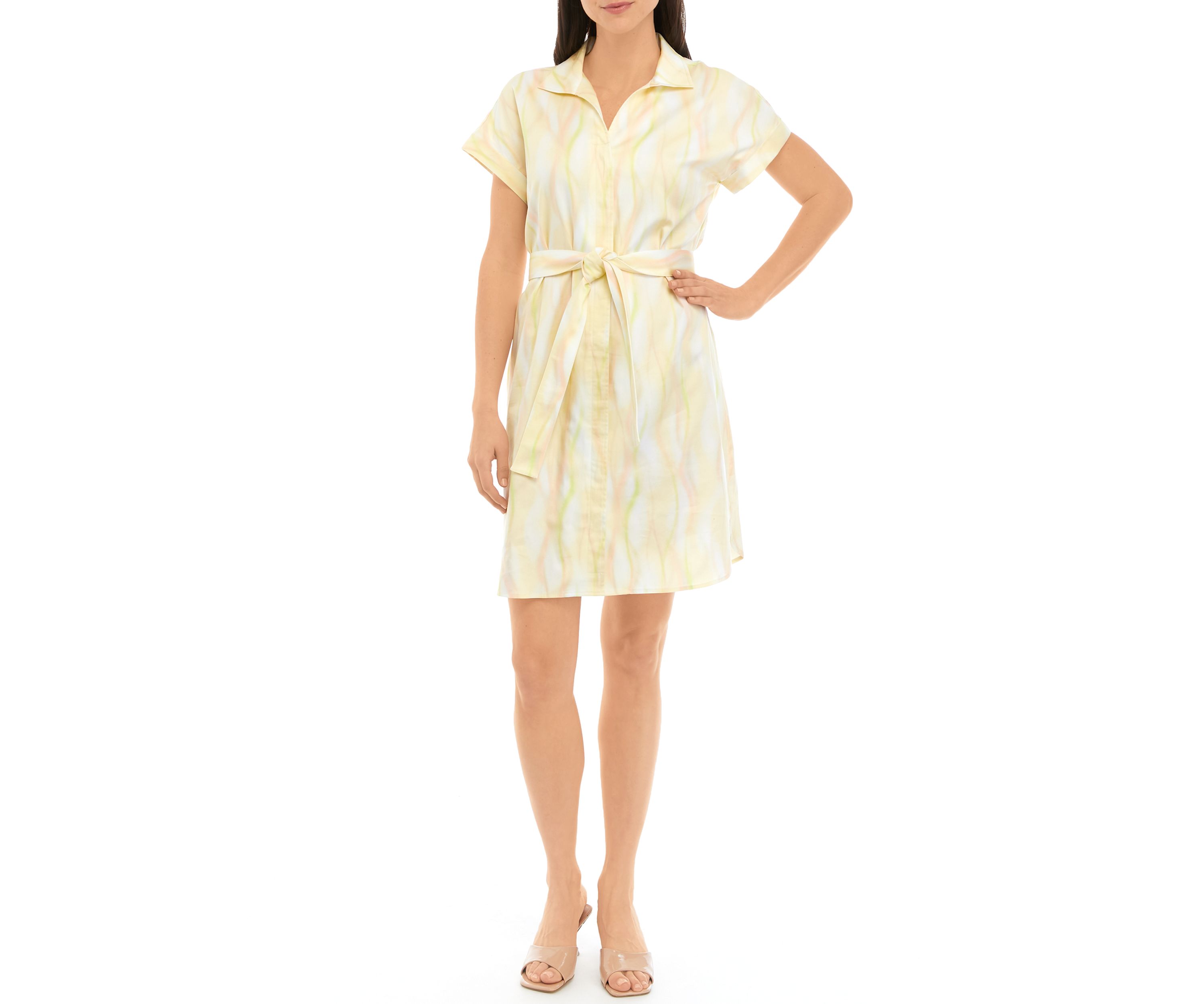 Womens Short Sleeve Button Front Printed Dress
