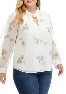 THE LIMITED Plus Size Long Sleeve Keyhole Ruffle Blouse | belk