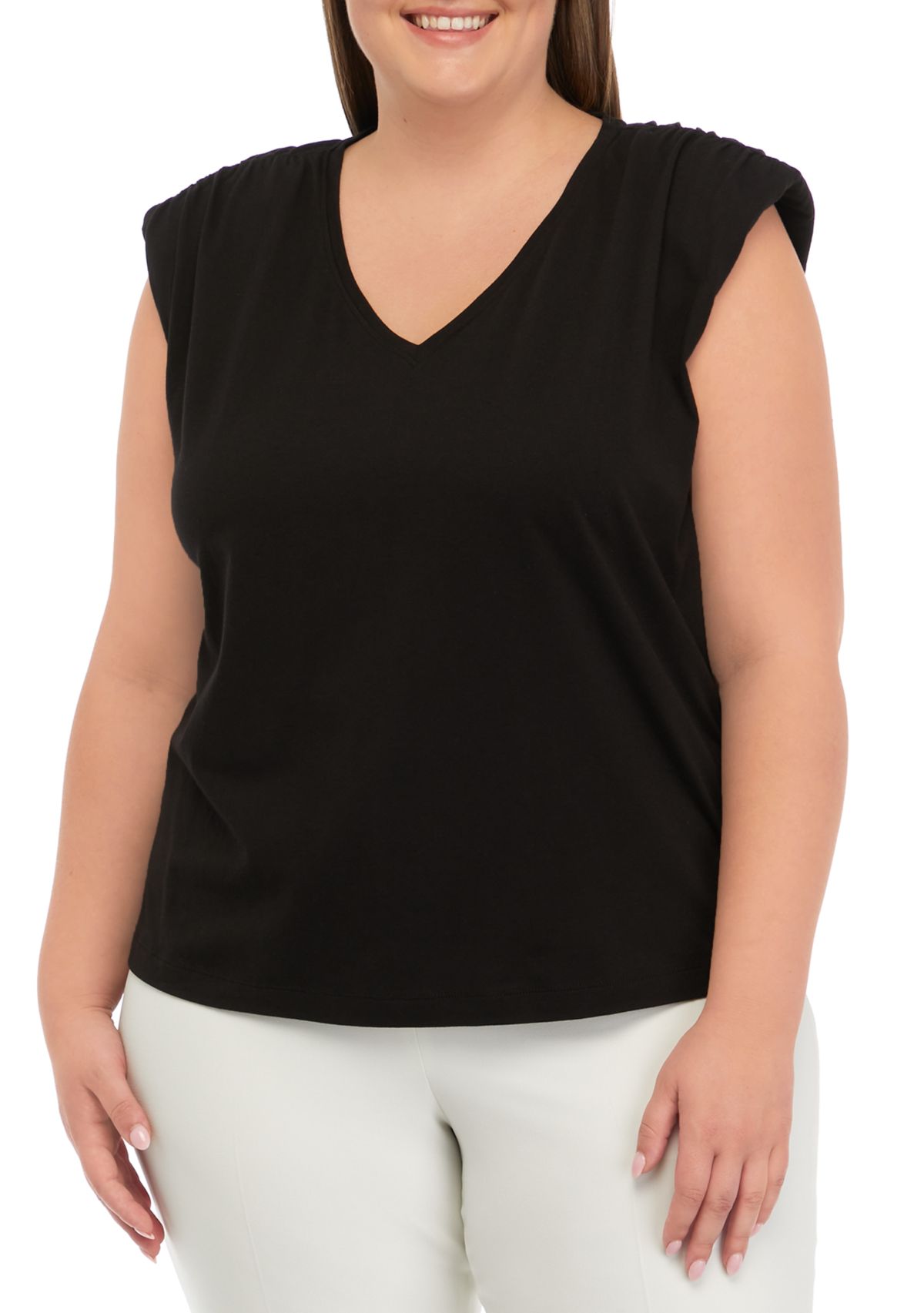 Plus Size V-Neck Shoulder Pad Solid T-Shirt