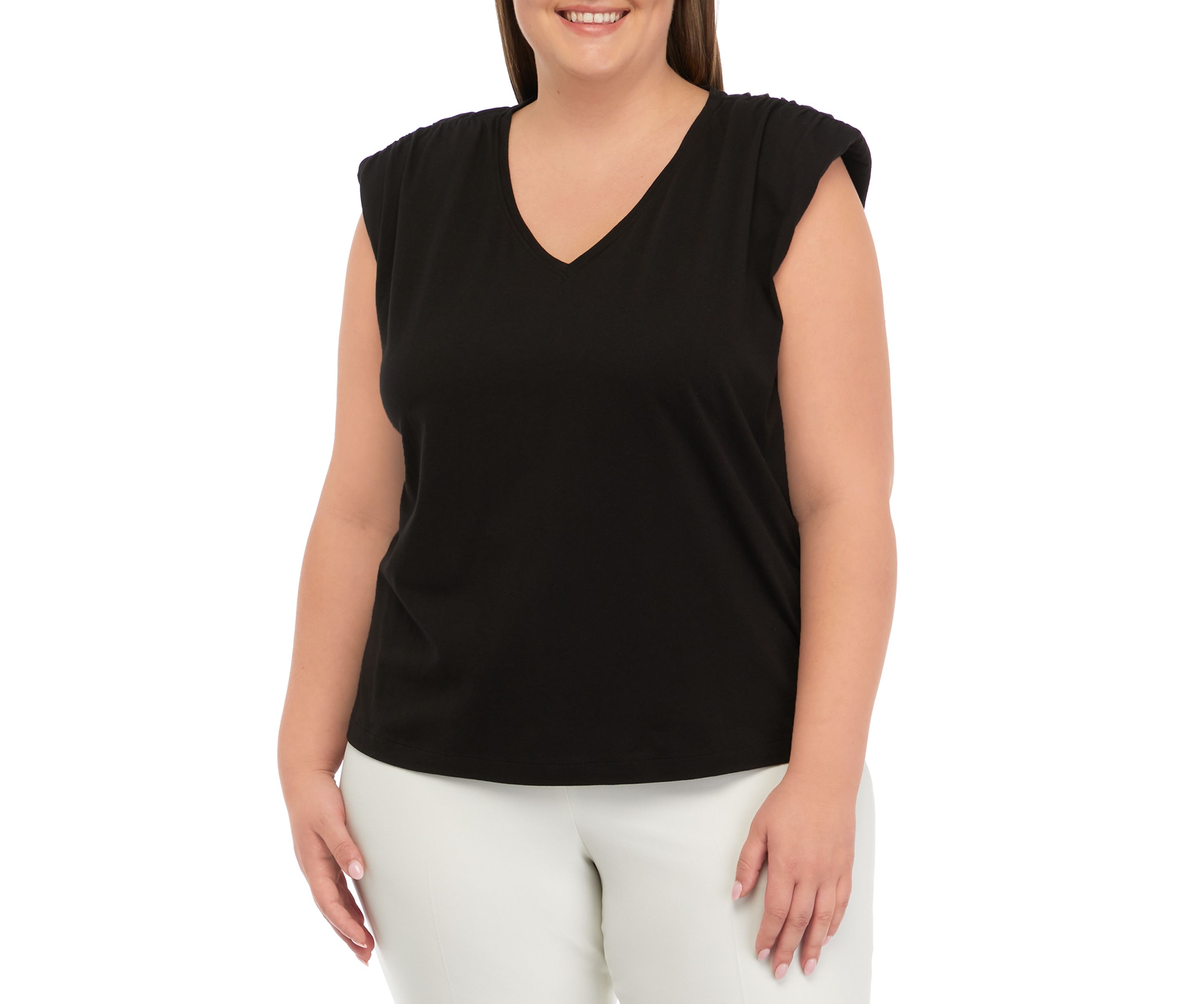 Plus Size V-Neck Shoulder Pad Solid T-Shirt