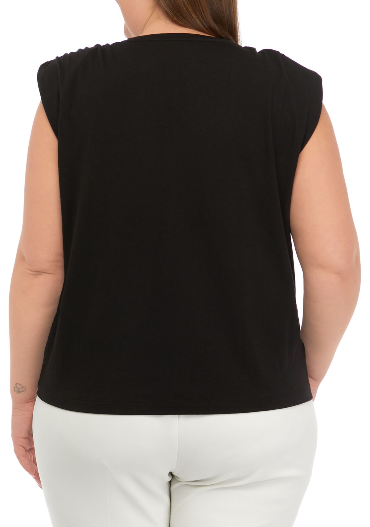Plus Size V-Neck Shoulder Pad Solid T-Shirt