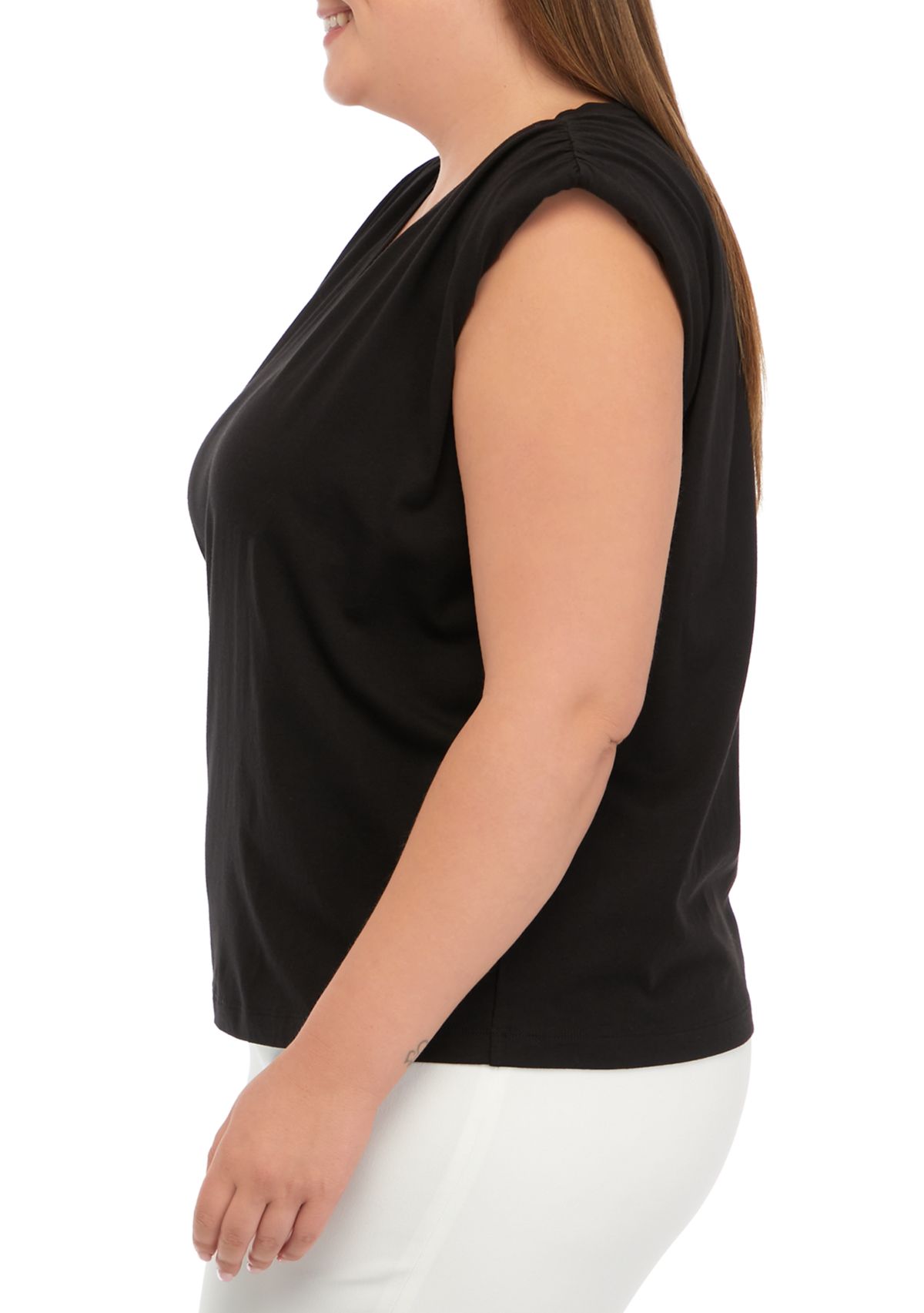 Plus Size V-Neck Shoulder Pad Solid T-Shirt