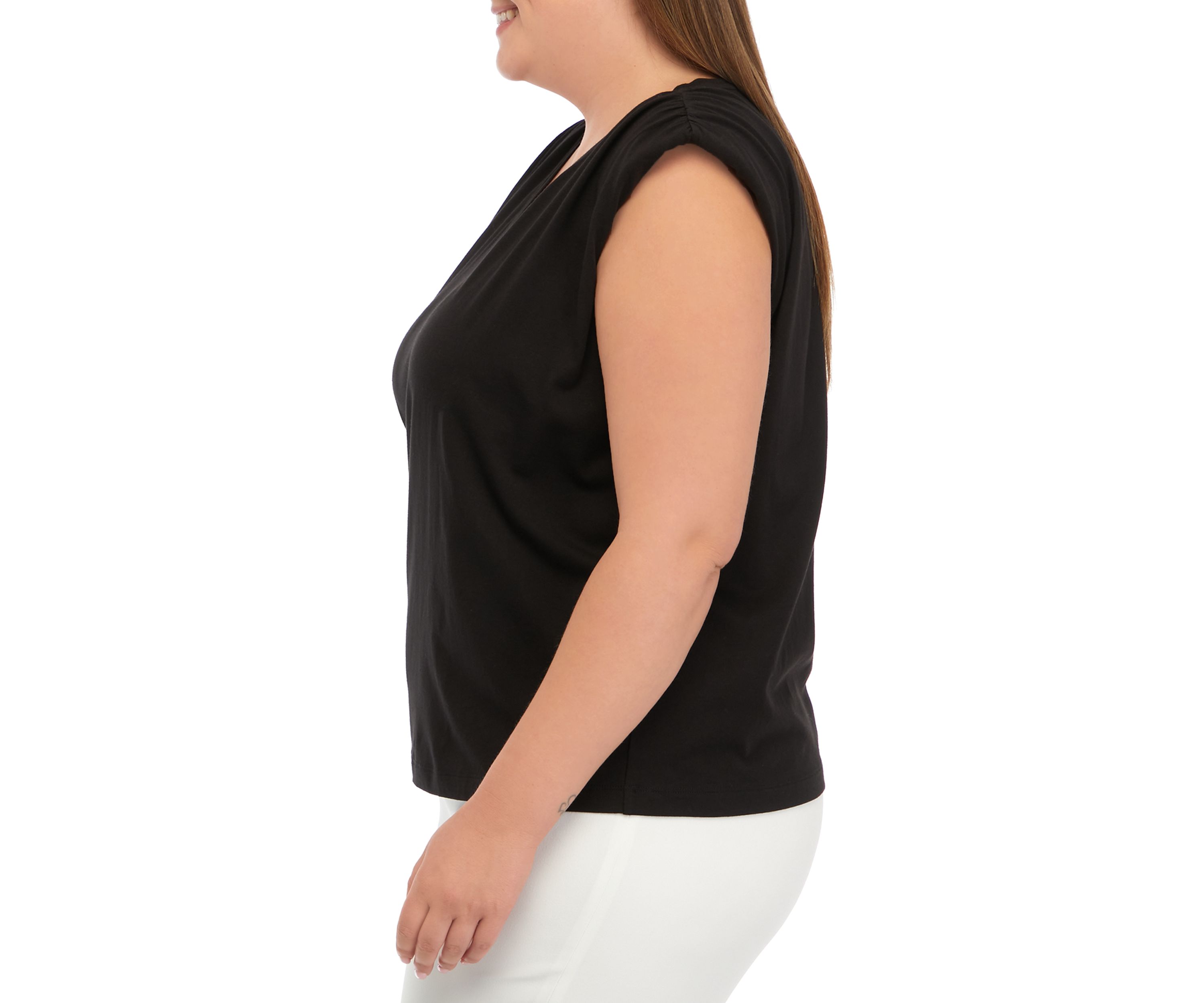 Plus Size V-Neck Shoulder Pad Solid T-Shirt